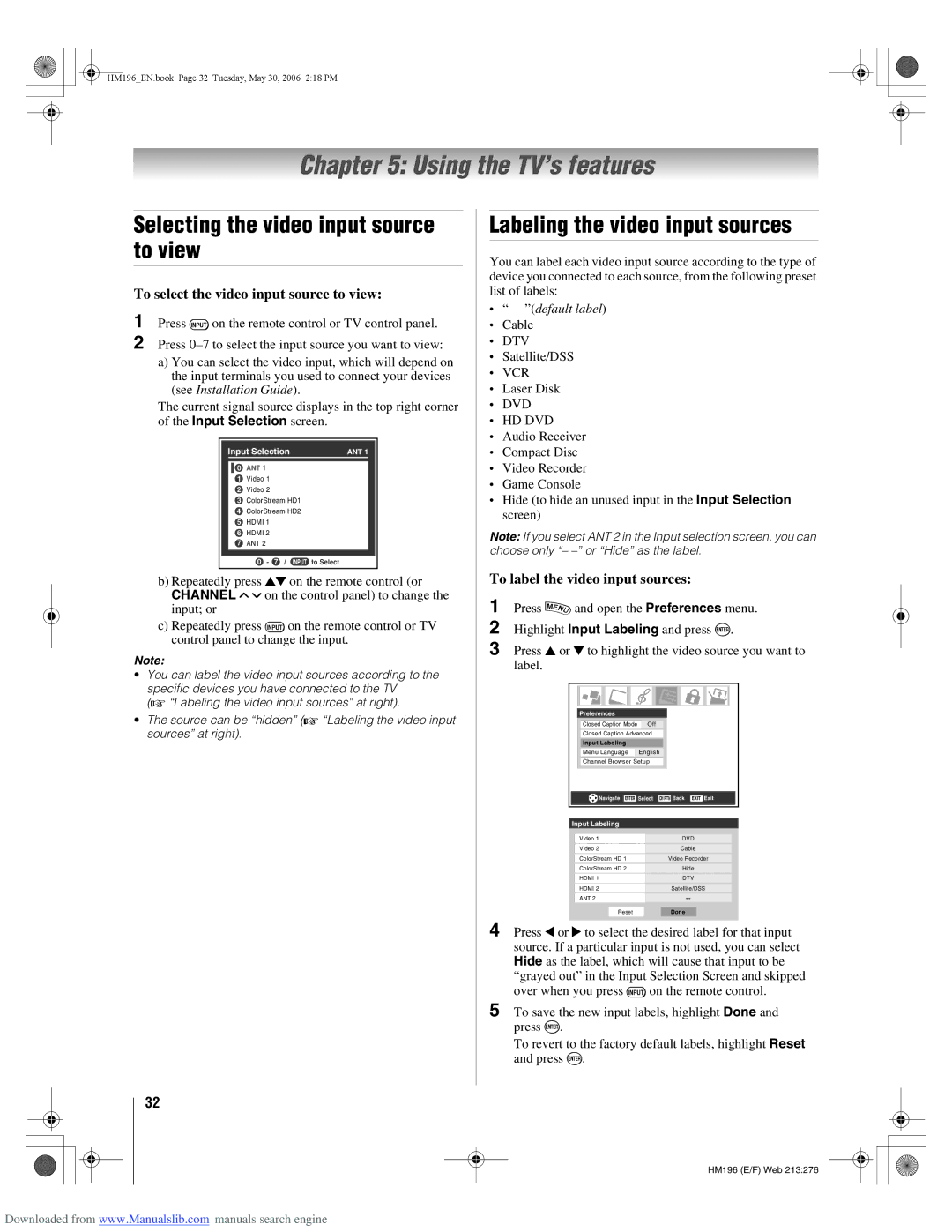 Toshiba 72HM196 manual Using the TV’s features, Labeling the video input sources, To label the video input sources 