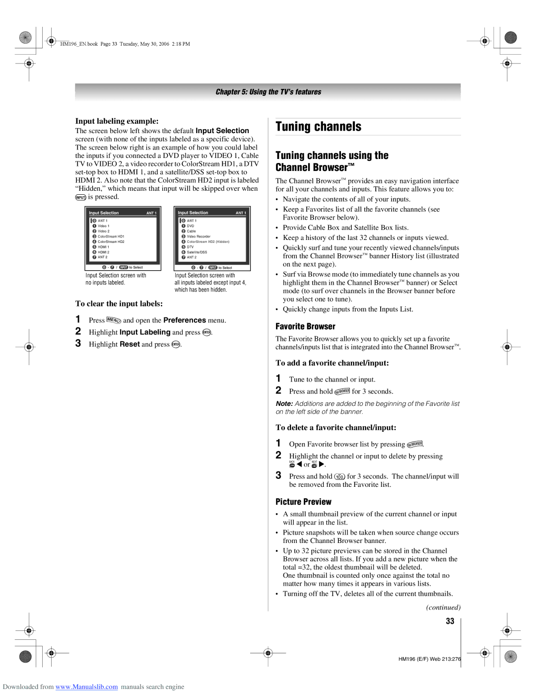 Toshiba 72HM196 manual Tuning channels using Channel Browser, Favorite Browser, Picture Preview 