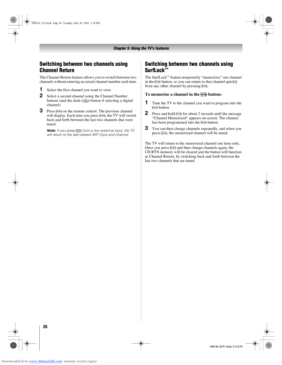 Toshiba 72HM196 manual Switching between two channels using Channel Return, Switching between two channels using SurfLock 