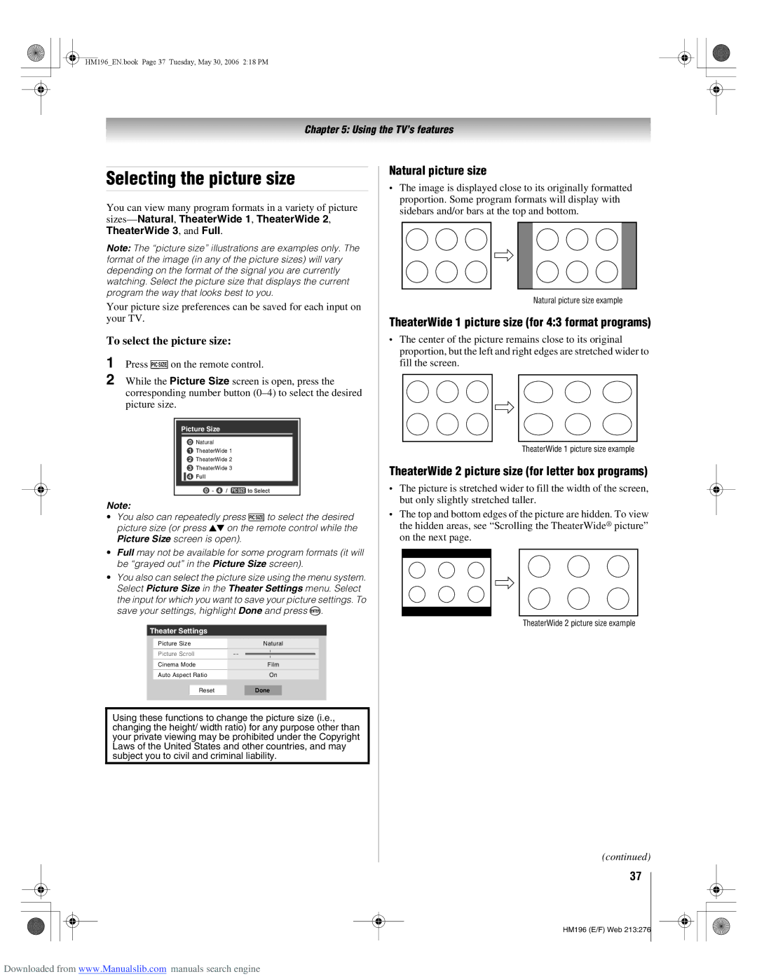 Toshiba 72HM196 manual Selecting the picture size, Natural picture size, TheaterWide 1 picture size for 43 format programs 