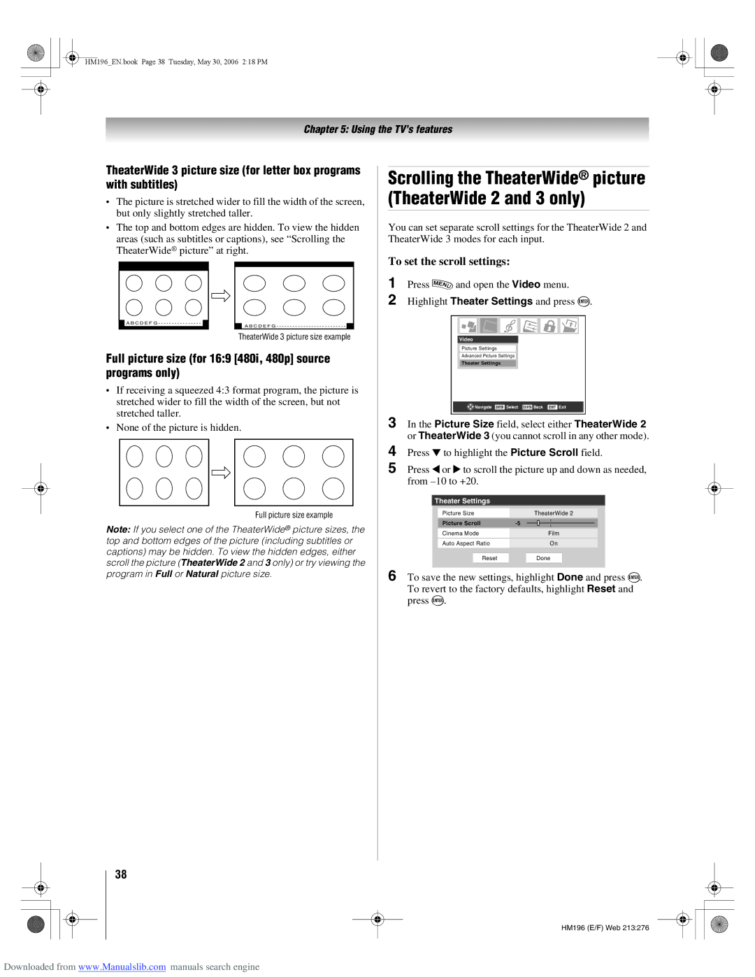 Toshiba 72HM196 manual Full picture size for 169 480i, 480p source programs only, To set the scroll settings 