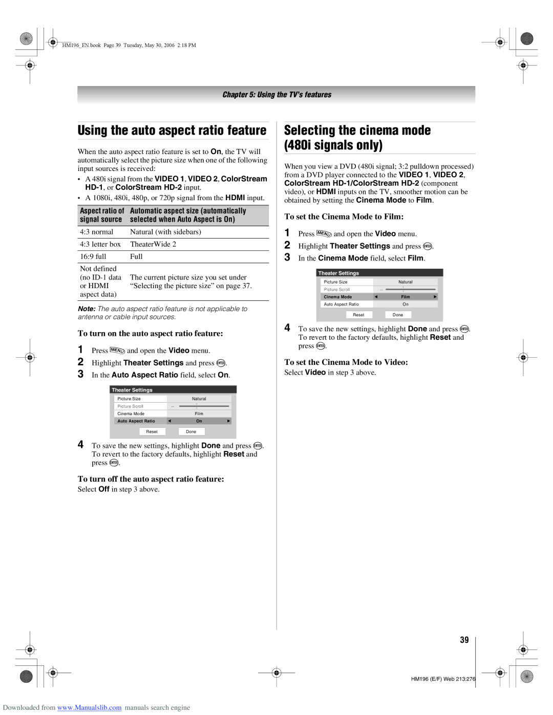 Toshiba 72HM196 manual To turn on the auto aspect ratio feature, To turn off the auto aspect ratio feature 