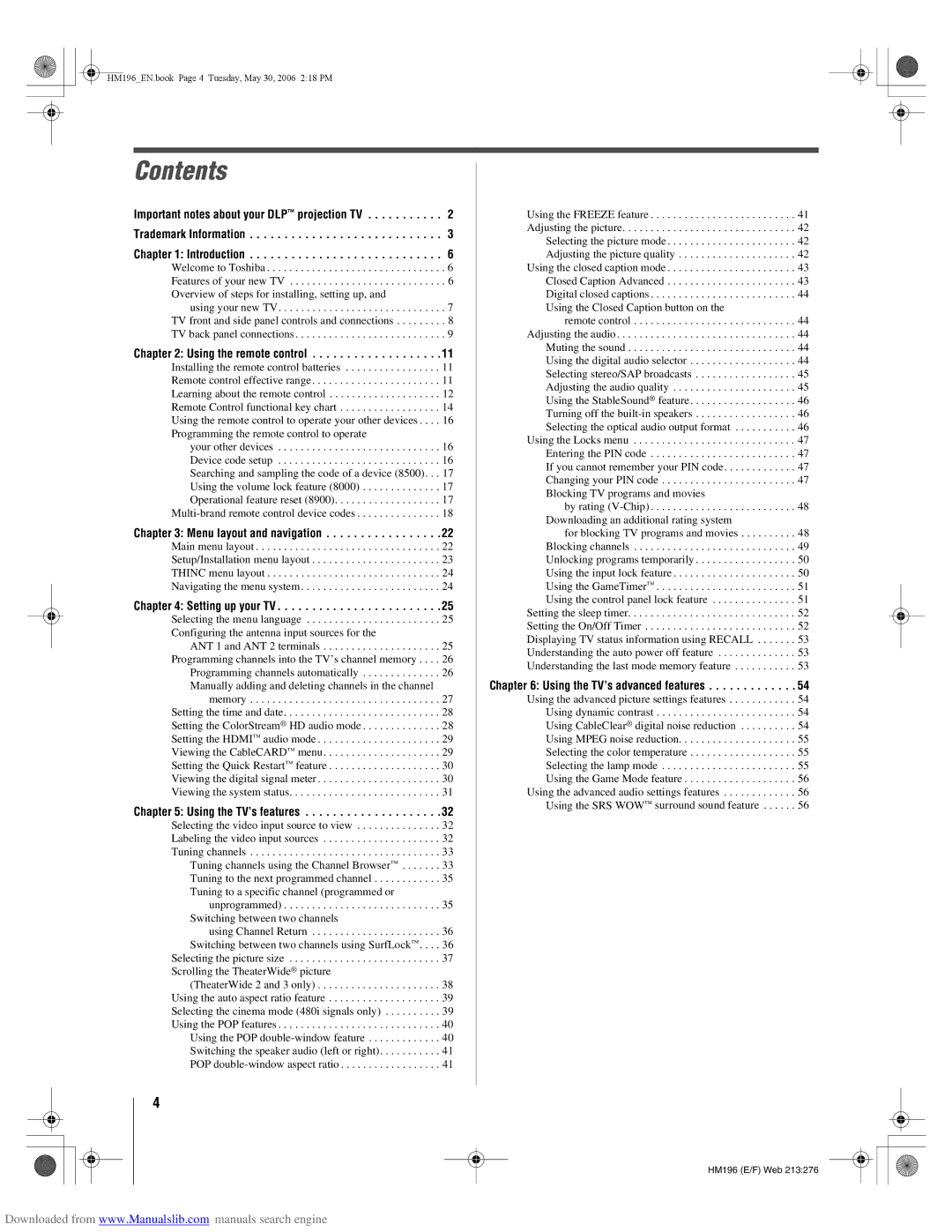 Toshiba 72HM196 manual Contents 