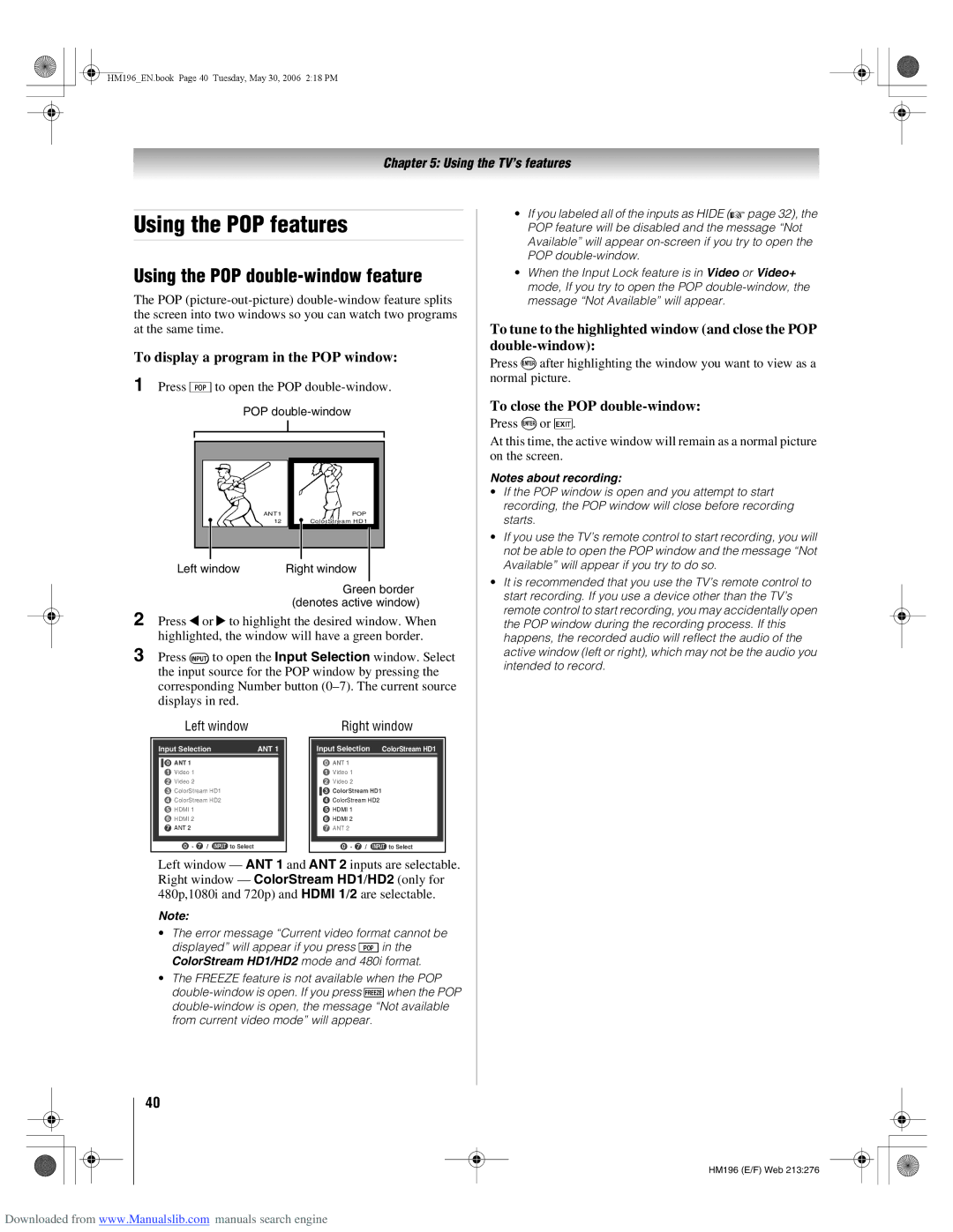 Toshiba 72HM196 manual Using the POP features, Using the POP double-window feature, To display a program in the POP window 