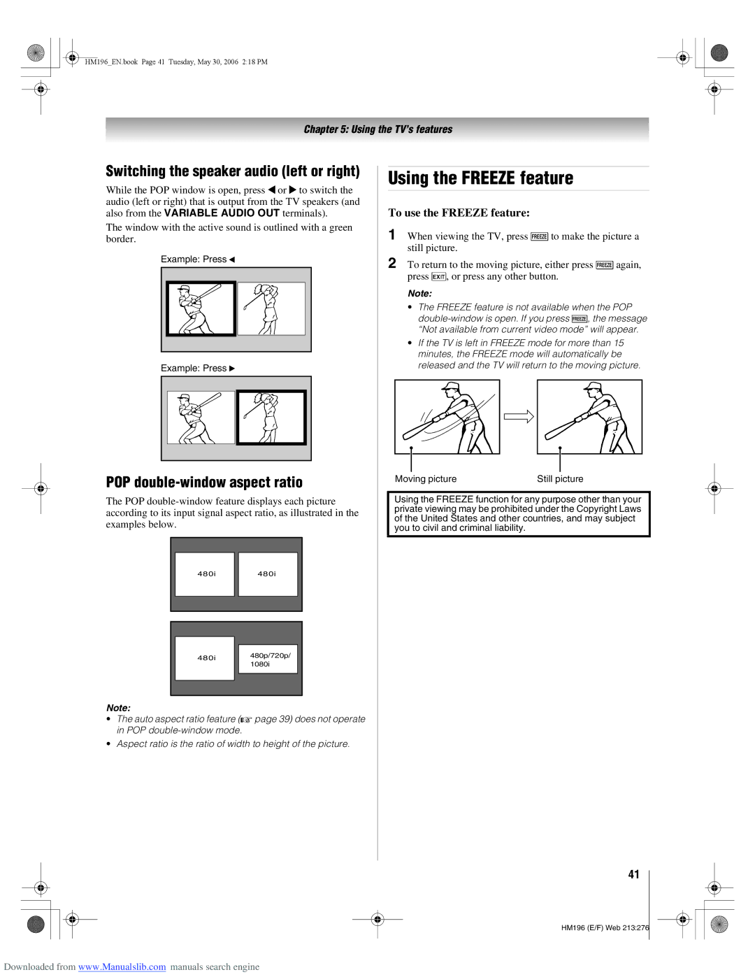 Toshiba 72HM196 manual Using the Freeze feature, POP double-window aspect ratio, To use the Freeze feature 