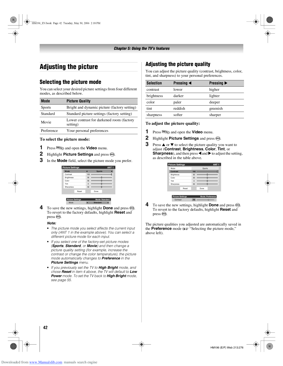 Toshiba 72HM196 manual Selecting the picture mode, Adjusting the picture quality, To select the picture mode 