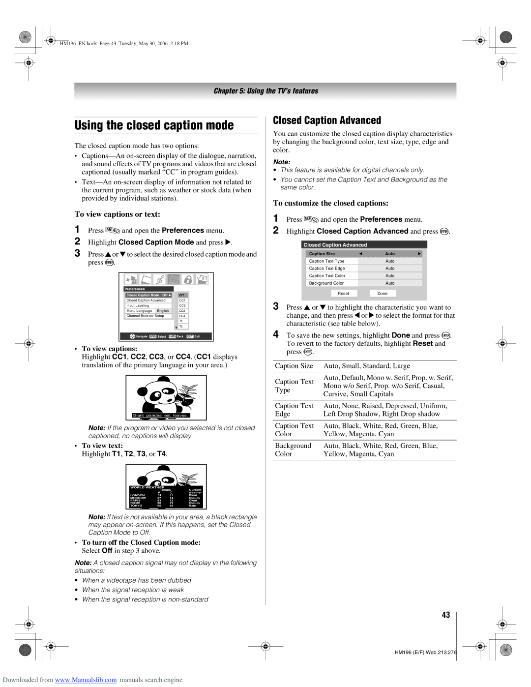 Toshiba 72HM196 manual Using the closed caption mode, Closed Caption Advanced, To view captions or text 