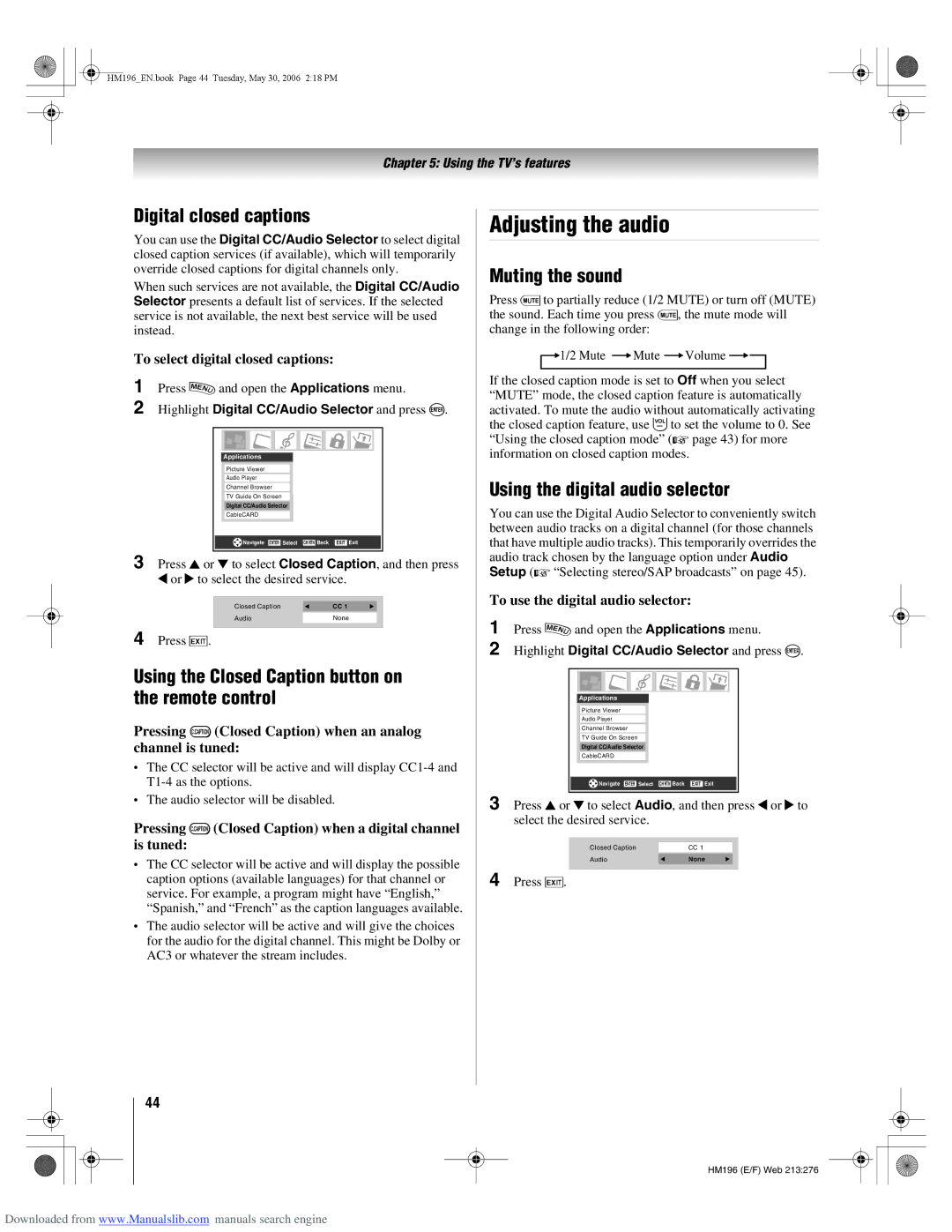 Toshiba 72HM196 manual Adjusting the audio, Digital closed captions, Using the Closed Caption button on the remote control 