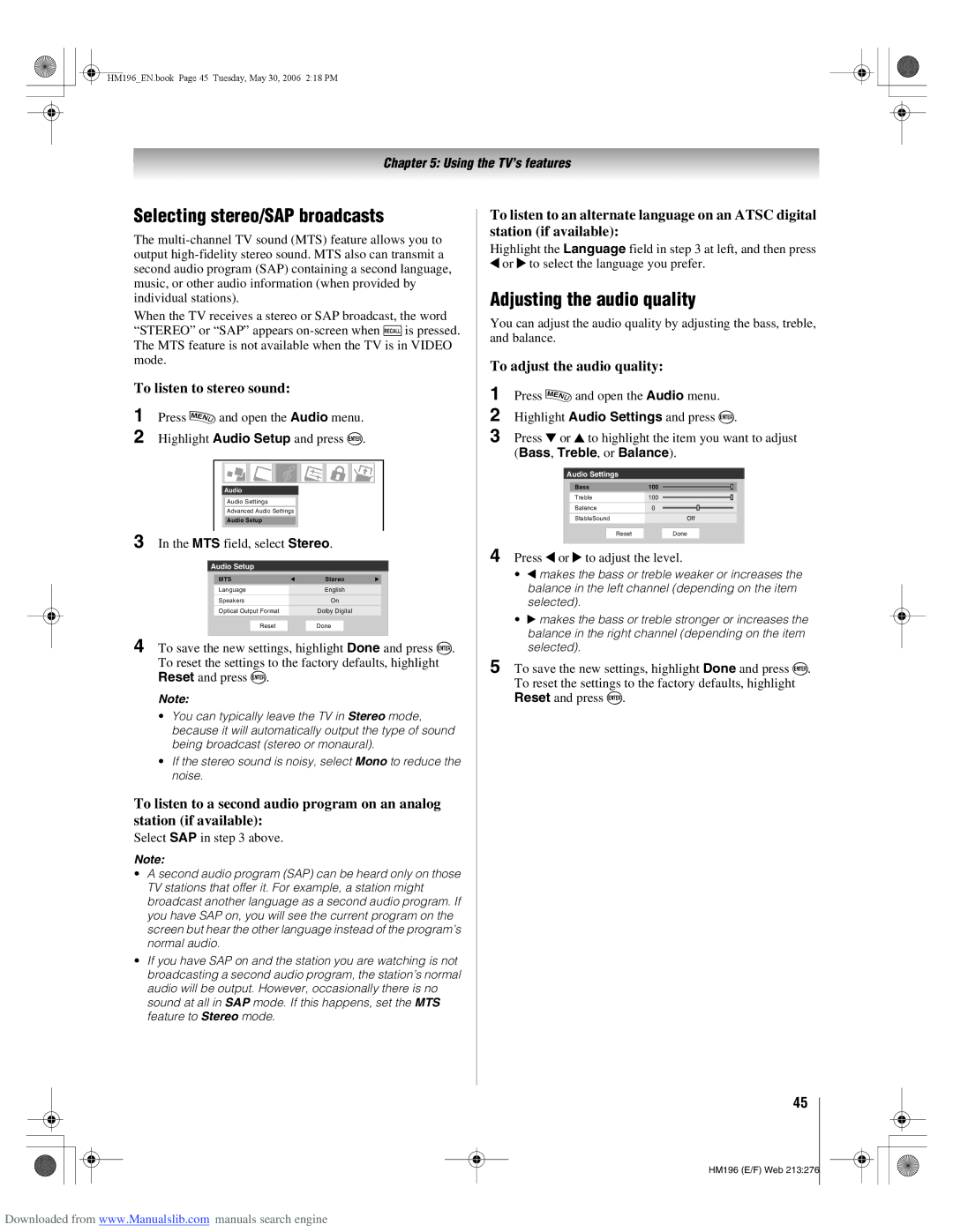 Toshiba 72HM196 manual Selecting stereo/SAP broadcasts, Adjusting the audio quality, To listen to stereo sound 