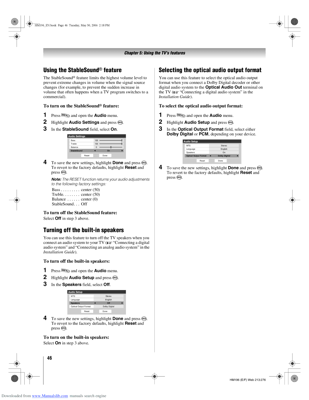 Toshiba 72HM196 manual Using the StableSound feature, Turning off the built-in speakers 