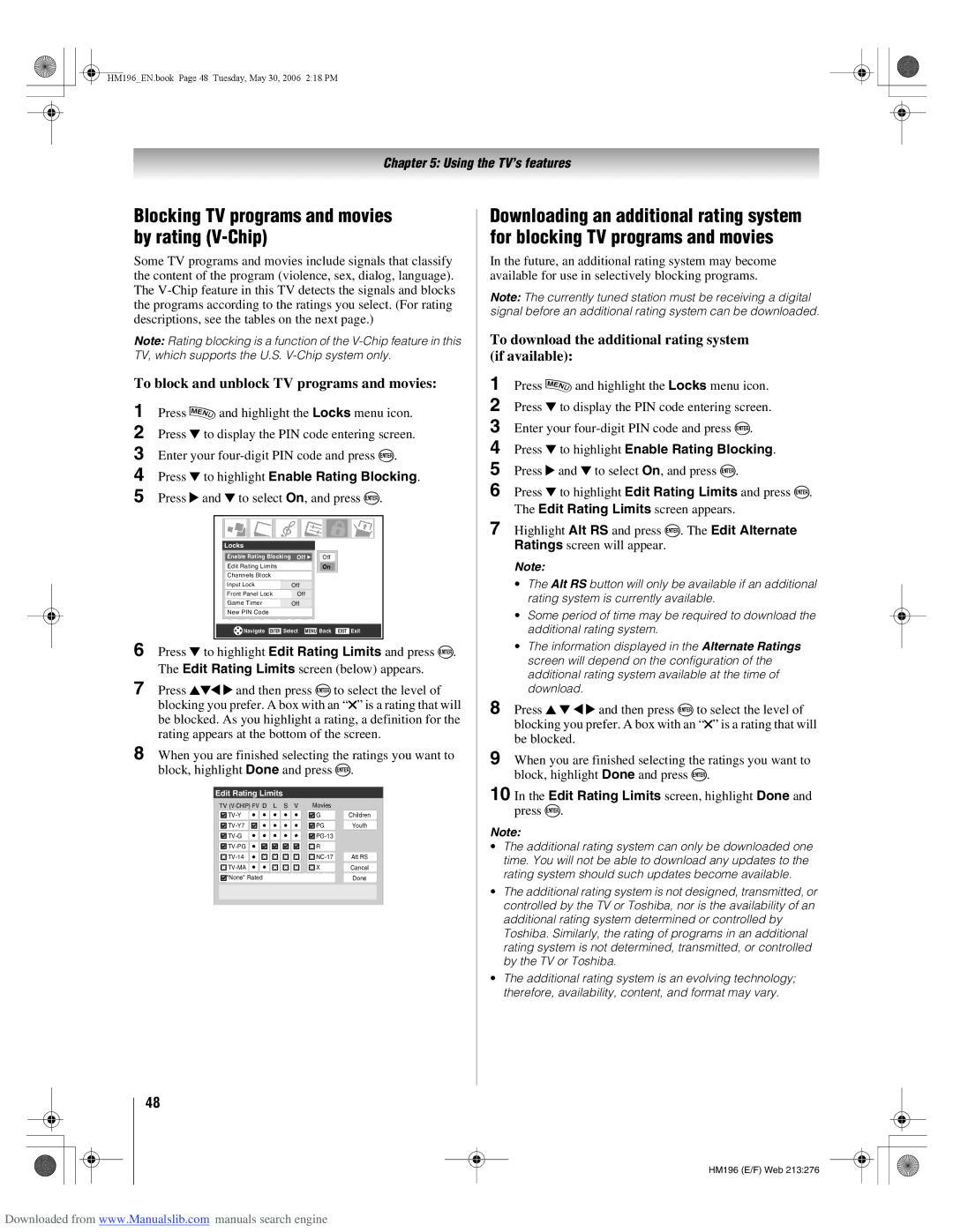 Toshiba 72HM196 manual Blocking TV programs and movies by rating V-Chip, To block and unblock TV programs and movies 