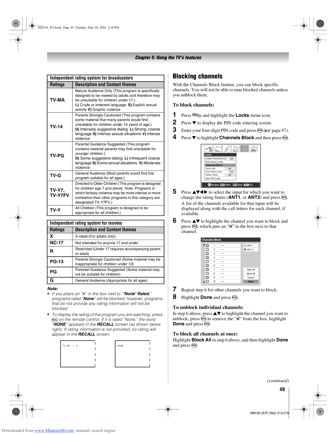 Toshiba 72HM196 manual Blocking channels, To block channels, To unblock individual channels, To block all channels at once 