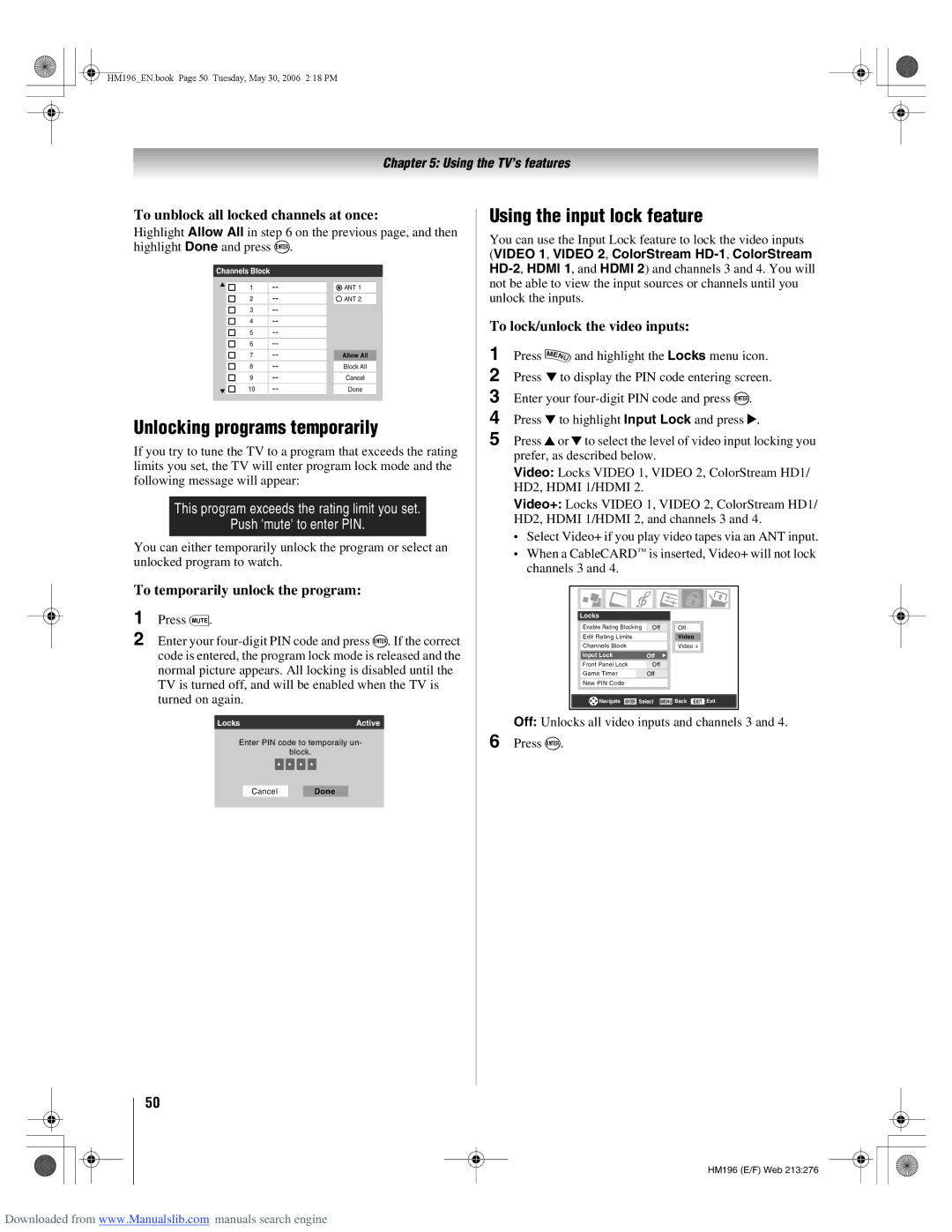 Toshiba 72HM196 manual Unlocking programs temporarily, Using the input lock feature, To unblock all locked channels at once 