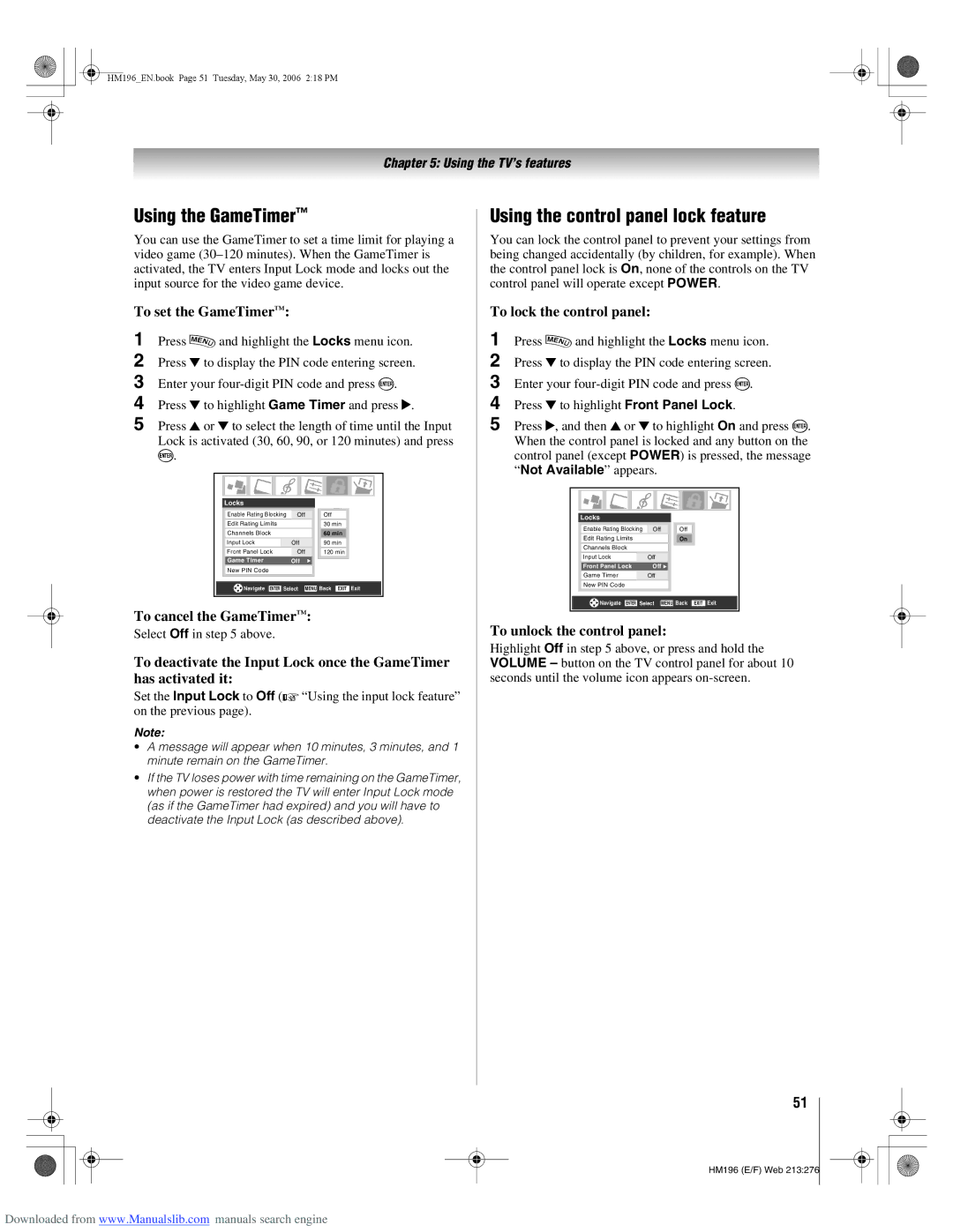 Toshiba 72HM196 manual Using the GameTimer, Using the control panel lock feature 