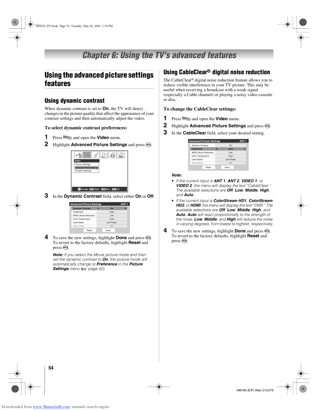 Toshiba 72HM196 Using the TV’s advanced features, Using the advanced picture settings features, Using dynamic contrast 