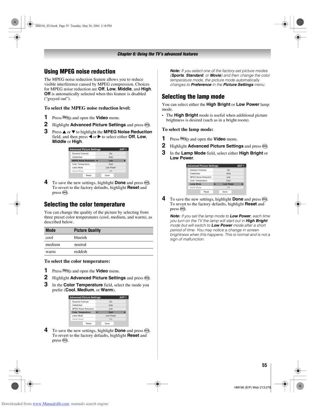 Toshiba 72HM196 manual Using Mpeg noise reduction, Selecting the color temperature, Selecting the lamp mode 