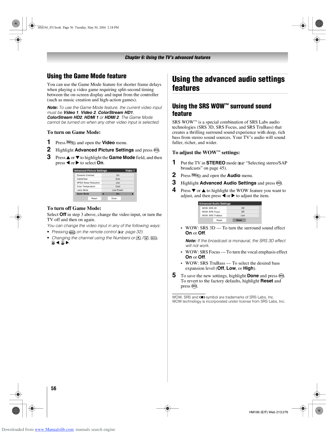 Toshiba 72HM196 manual Using the Game Mode feature, To turn on Game Mode, To turn off Game Mode 