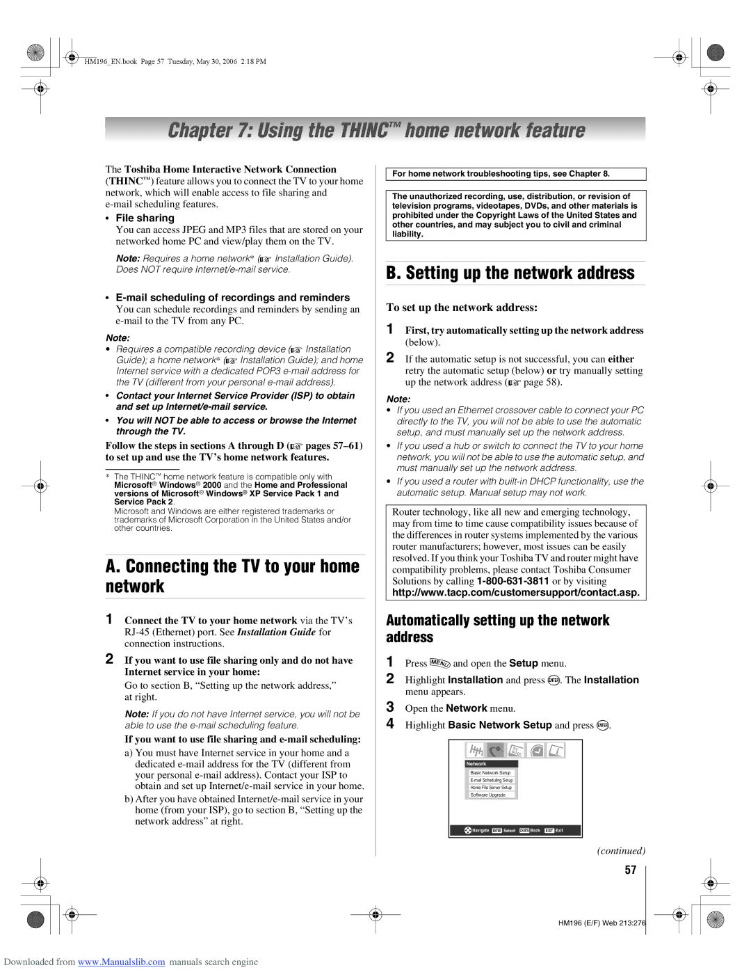 Toshiba 72HM196 manual Using the Thinc home network feature, Connecting the TV to your home network 