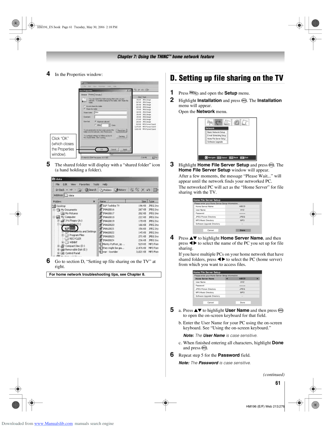 Toshiba 72HM196 manual Setting up file sharing on the TV, Properties window 