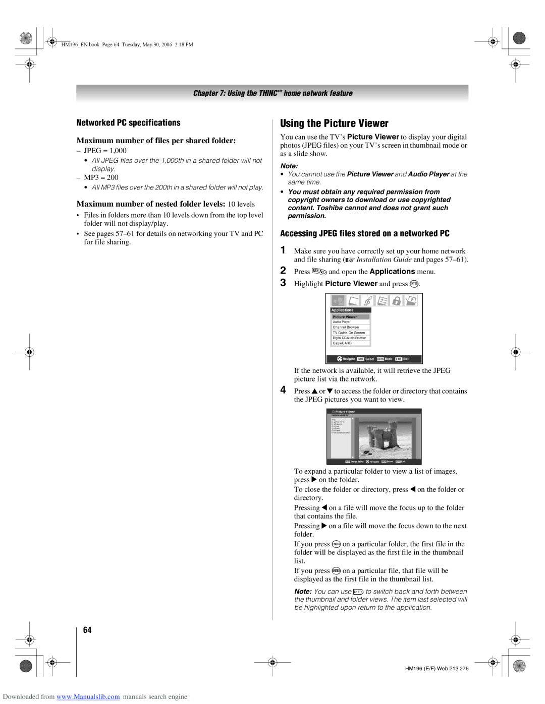 Toshiba 72HM196 manual Using the Picture Viewer, Networked PC specifications, Accessing Jpeg files stored on a networked PC 