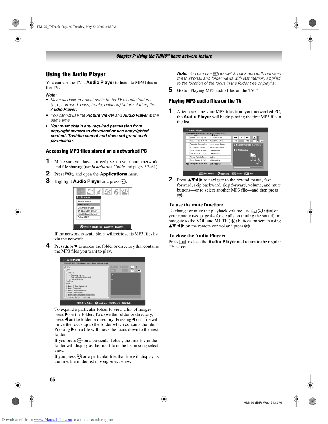 Toshiba 72HM196 Using the Audio Player, Accessing MP3 files stored on a networked PC, Playing MP3 audio files on the TV 