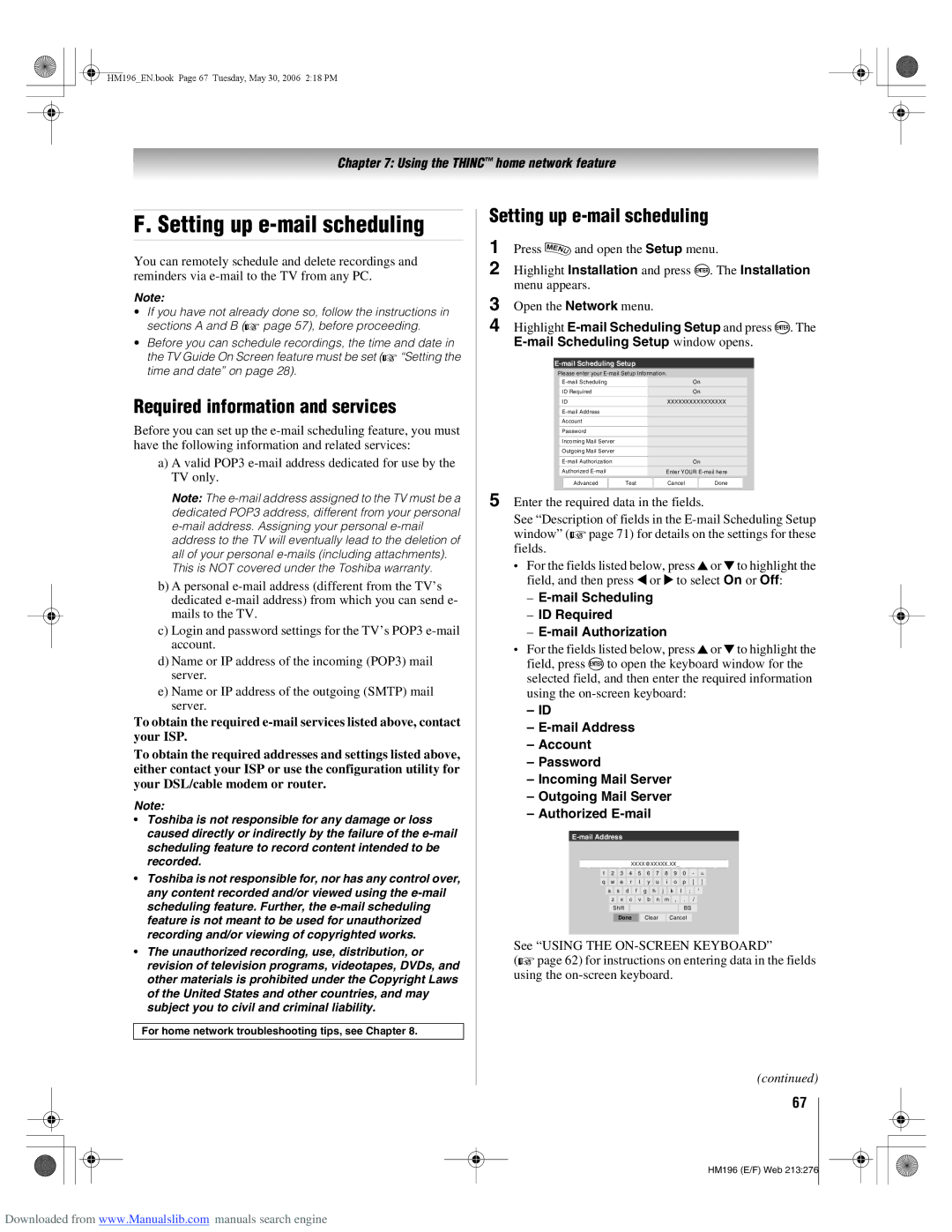 Toshiba 72HM196 manual Setting up e-mail scheduling, Required information and services 