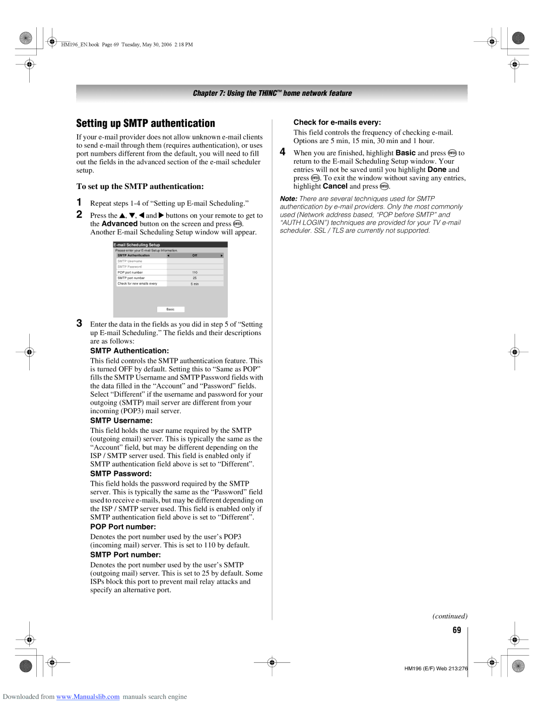 Toshiba 72HM196 manual Setting up Smtp authentication, To set up the Smtp authentication 