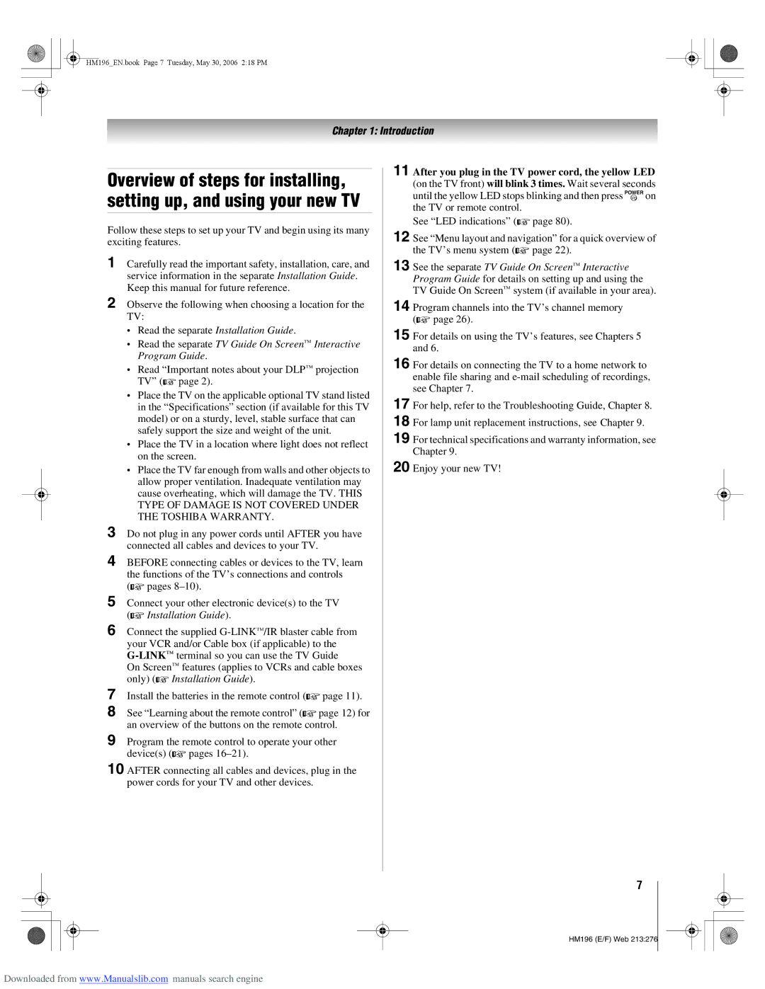 Toshiba 72HM196 manual Read Important notes about your DLP projection TV 