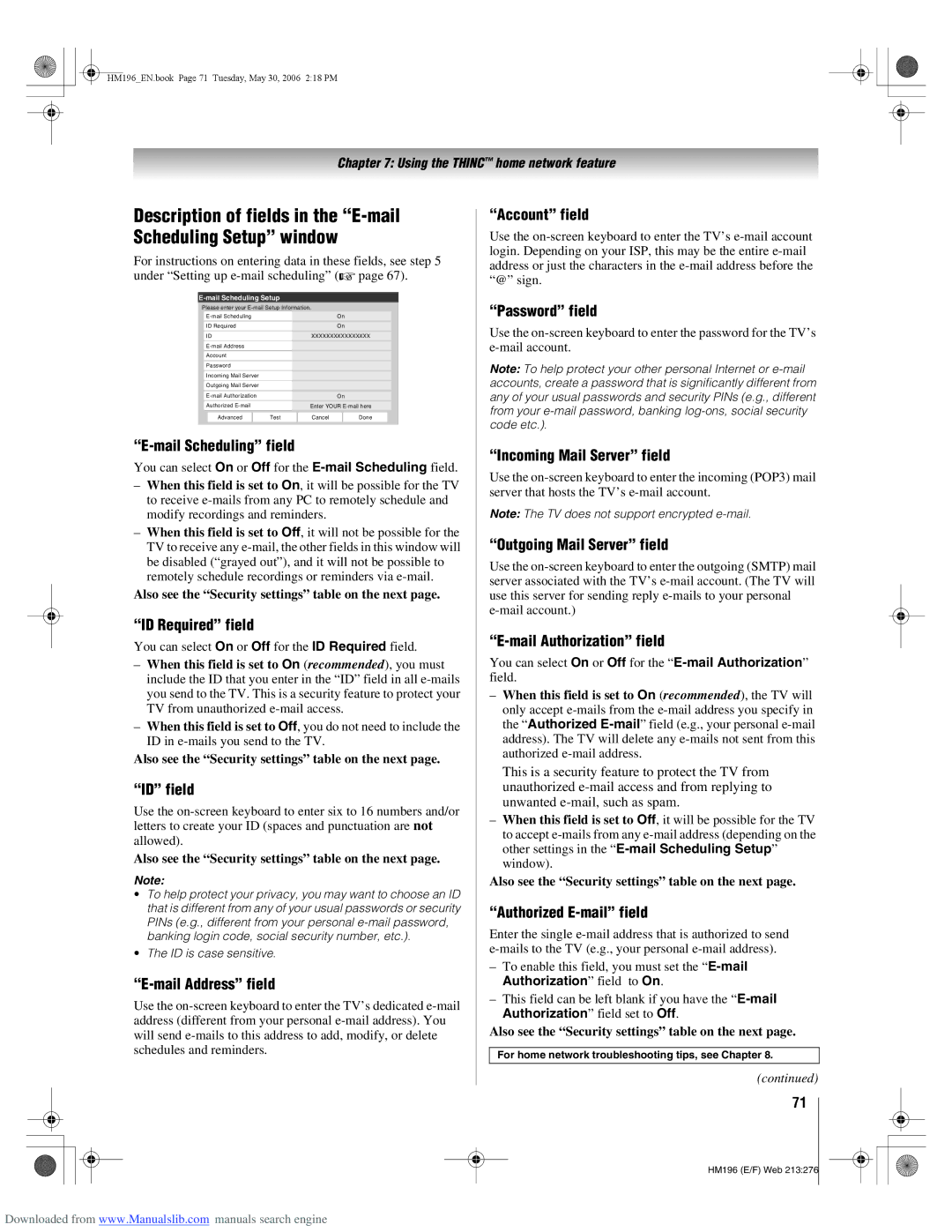 Toshiba 72HM196 Description of fields in the E-mail Scheduling Setup window, Mail Scheduling field, ID Required field 