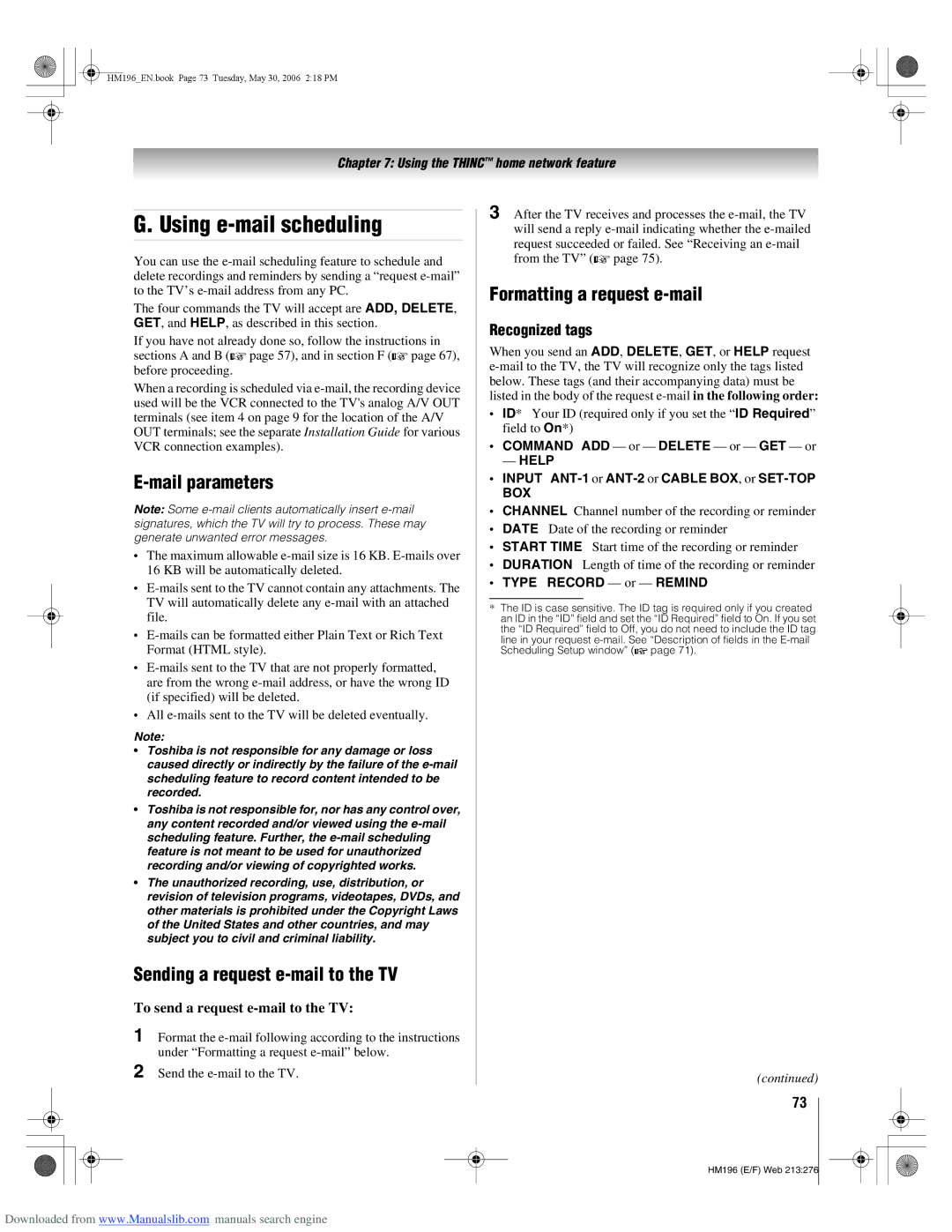 Toshiba 72HM196 Using e-mail scheduling, Mail parameters, Sending a request e-mail to the TV, Formatting a request e-mail 