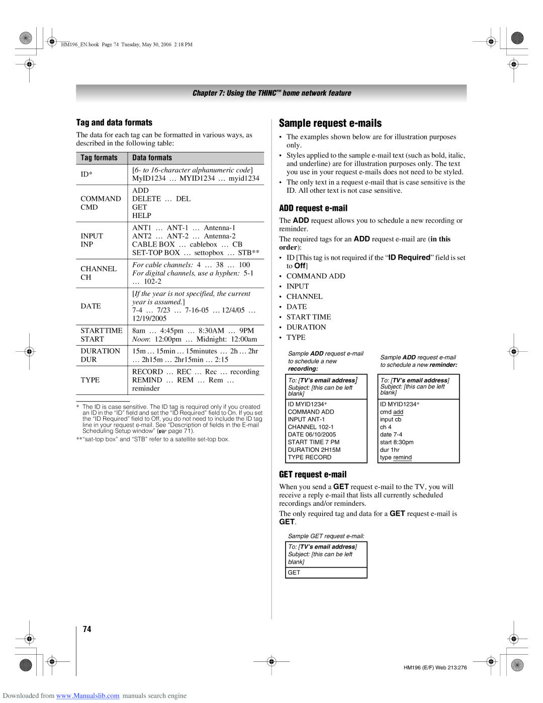 Toshiba 72HM196 manual Sample request e-mails, Tag and data formats, ADD request e-mail, GET request e-mail 