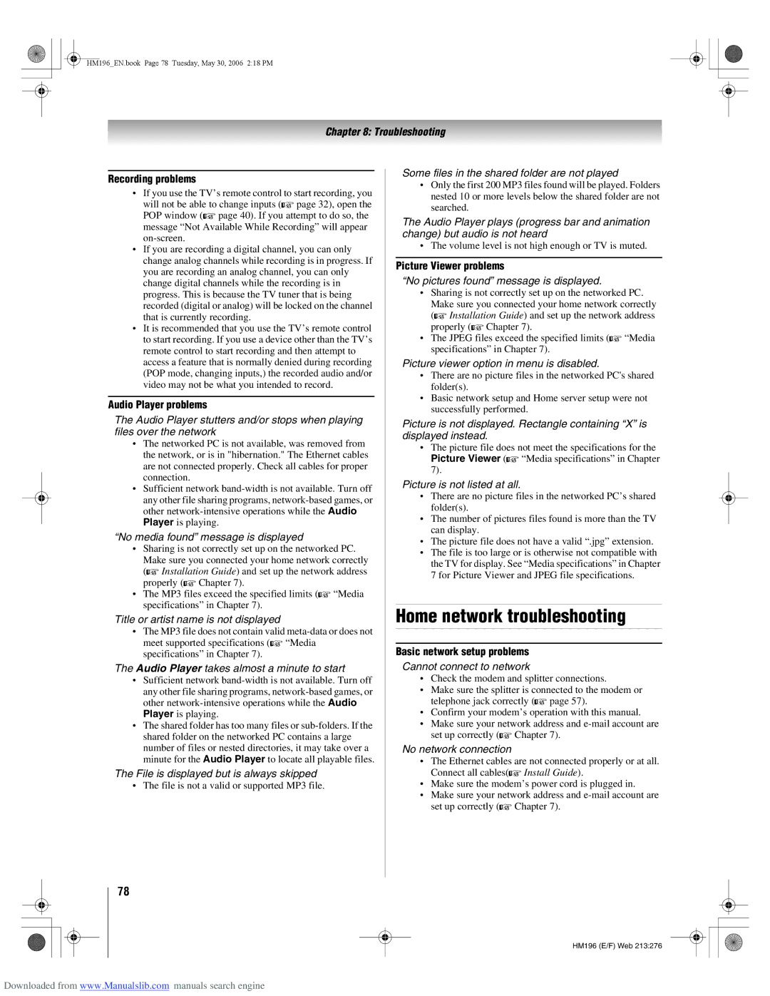 Toshiba 72HM196 manual Home network troubleshooting, Recording problems, Audio Player problems, Picture Viewer problems 