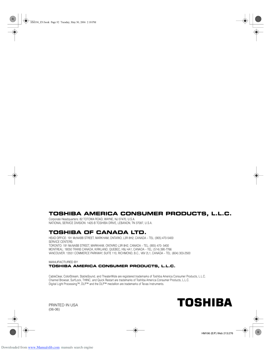 Toshiba 72HM196 manual Service Centers 