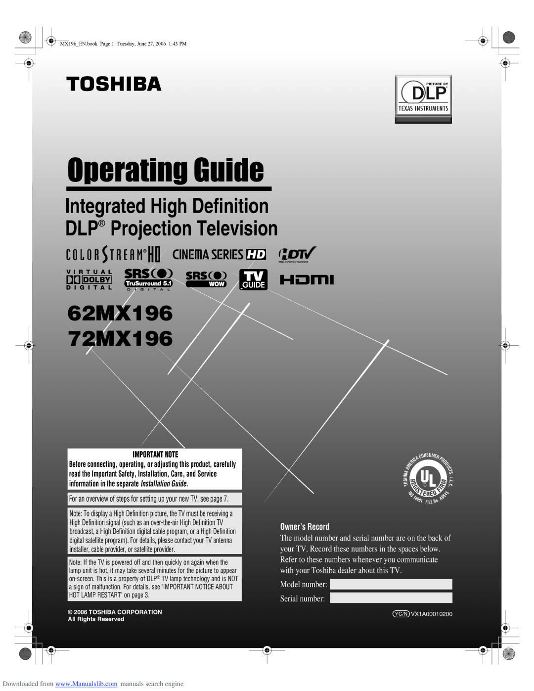 Toshiba manual 62MX196 72MX196 