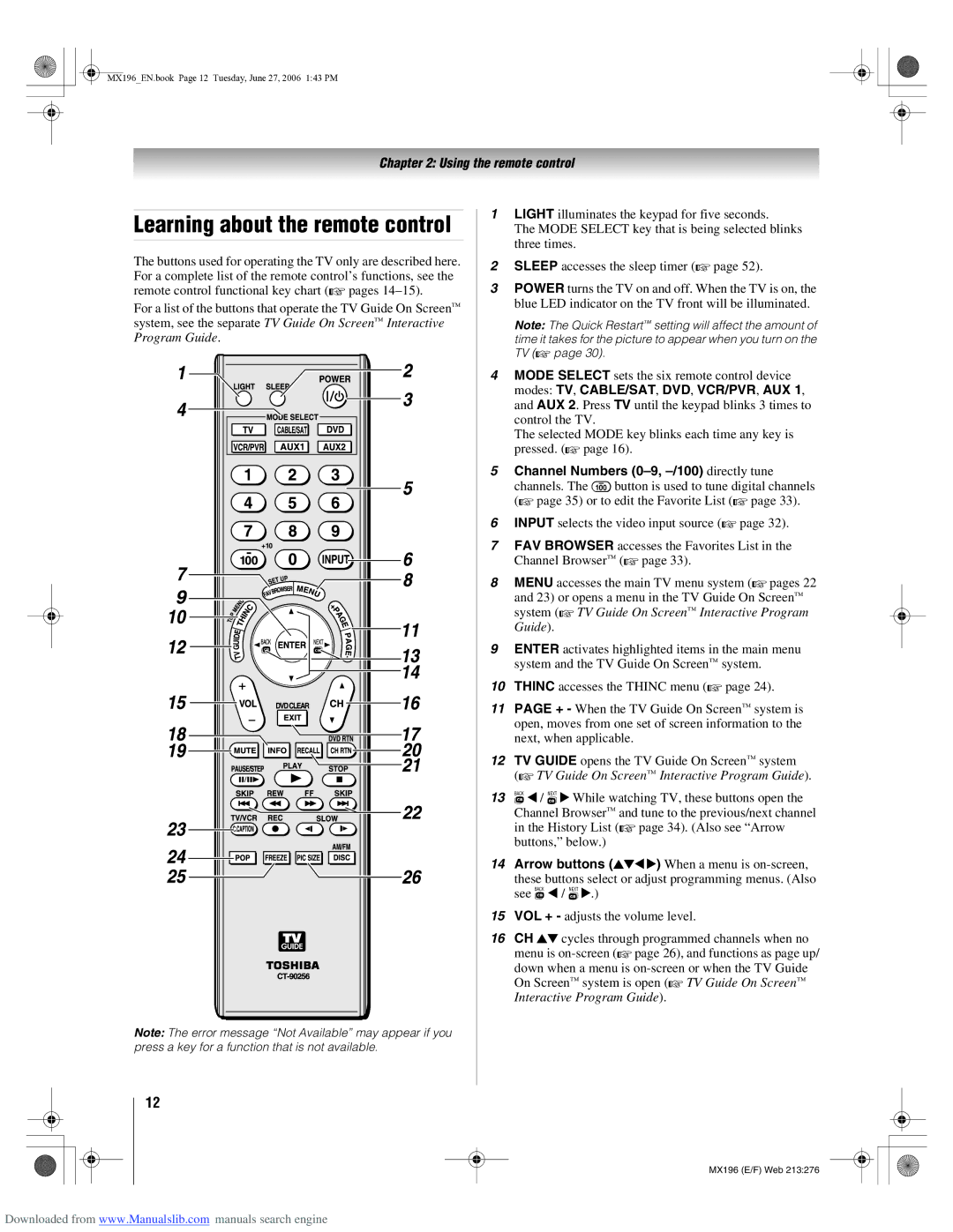 Toshiba 72MX196 manual Learning about the remote control 