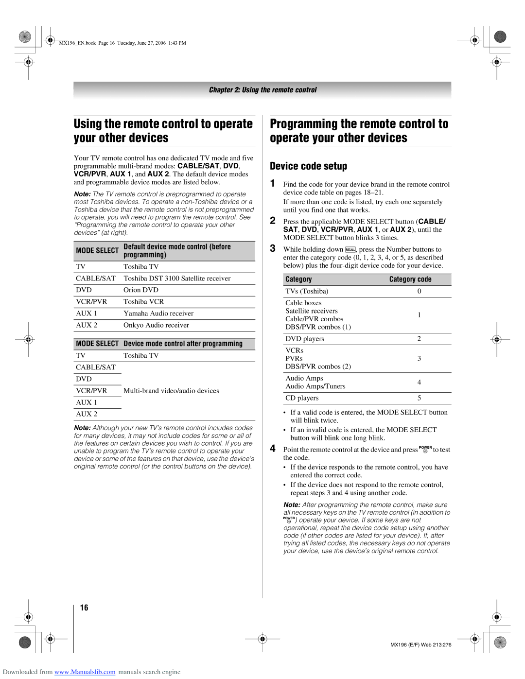 Toshiba 72MX196 manual Using the remote control to operate your other devices, Device code setup, Category Category code 