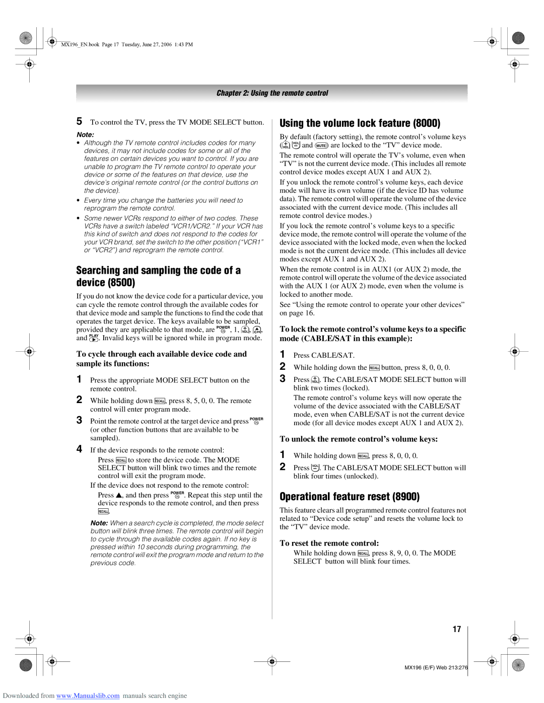 Toshiba 72MX196 Searching and sampling the code of a device, Using the volume lock feature, Operational feature reset 