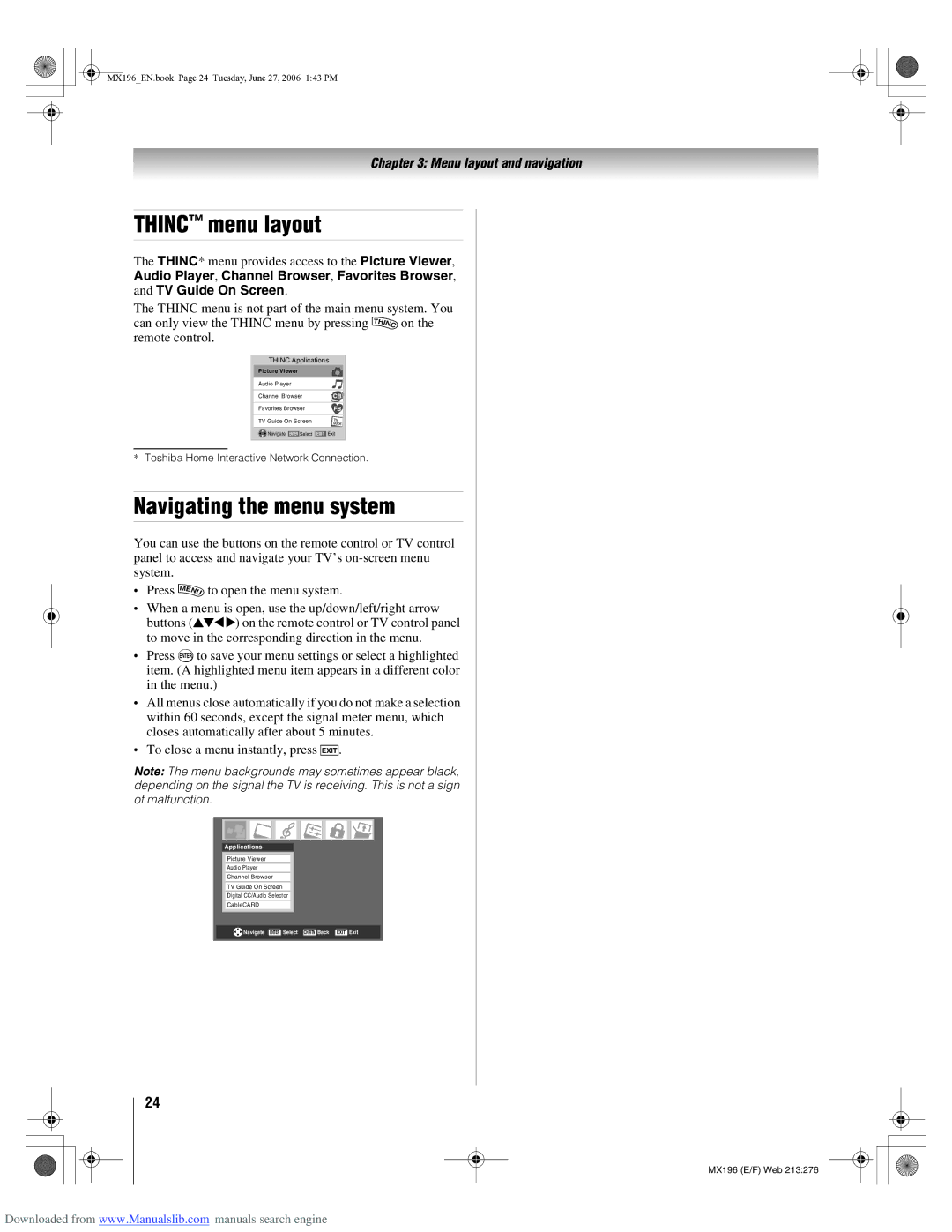 Toshiba 72MX196 manual Thinc menu layout, Navigating the menu system, Picture Viewer 