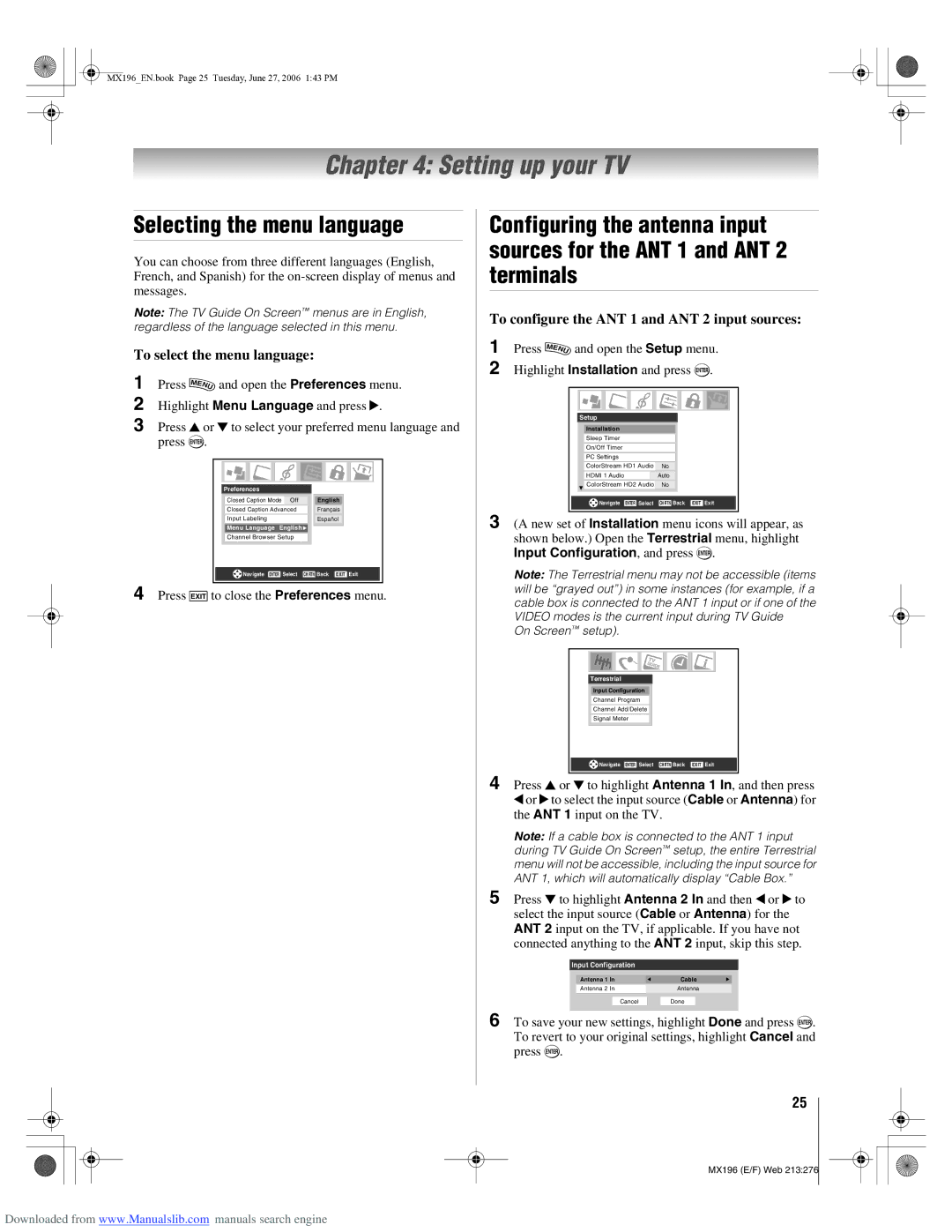 Toshiba 72MX196 manual Setting up your TV, Selecting the menu language, To select the menu language 