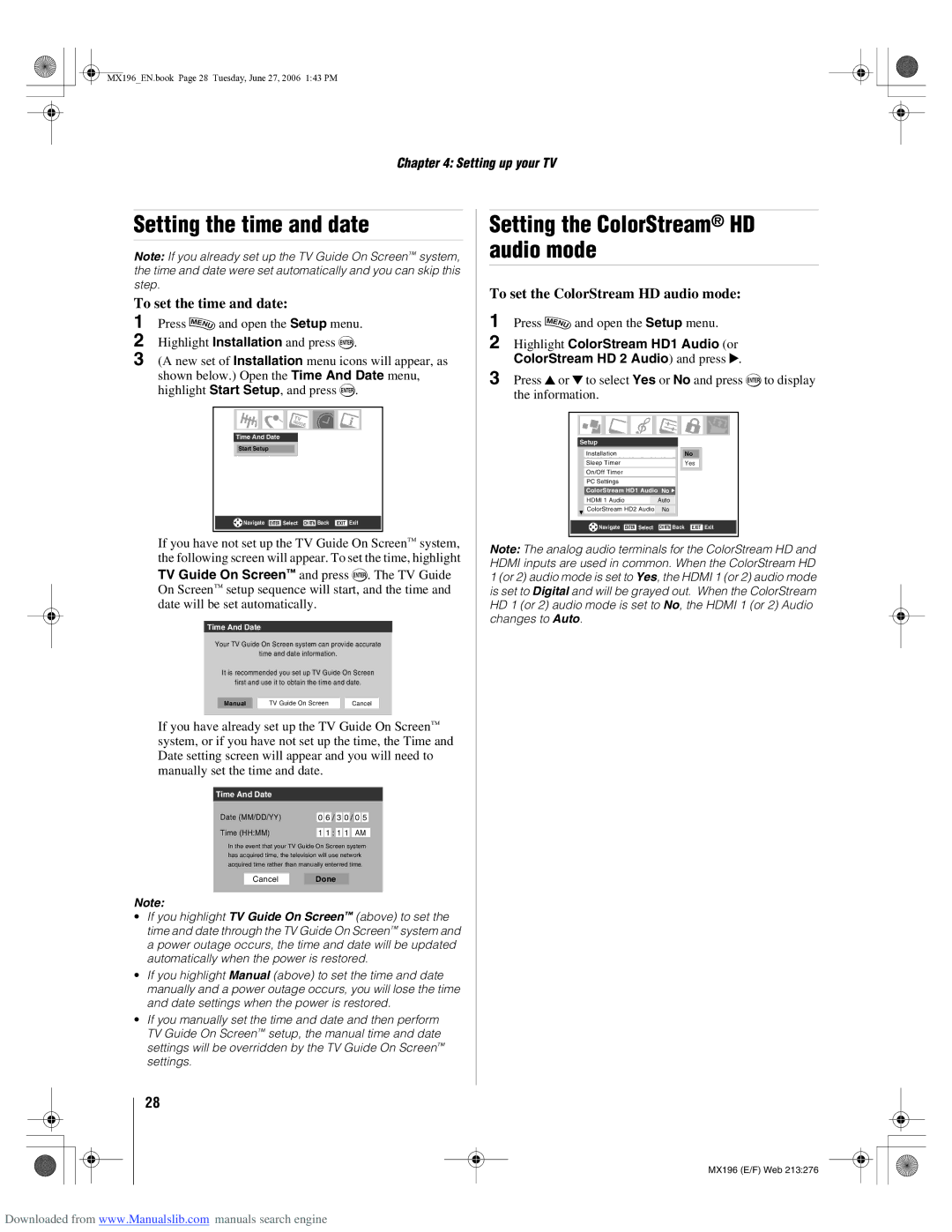 Toshiba 72MX196 manual Setting the time and date, Setting the ColorStream HD audio mode, To set the time and date 