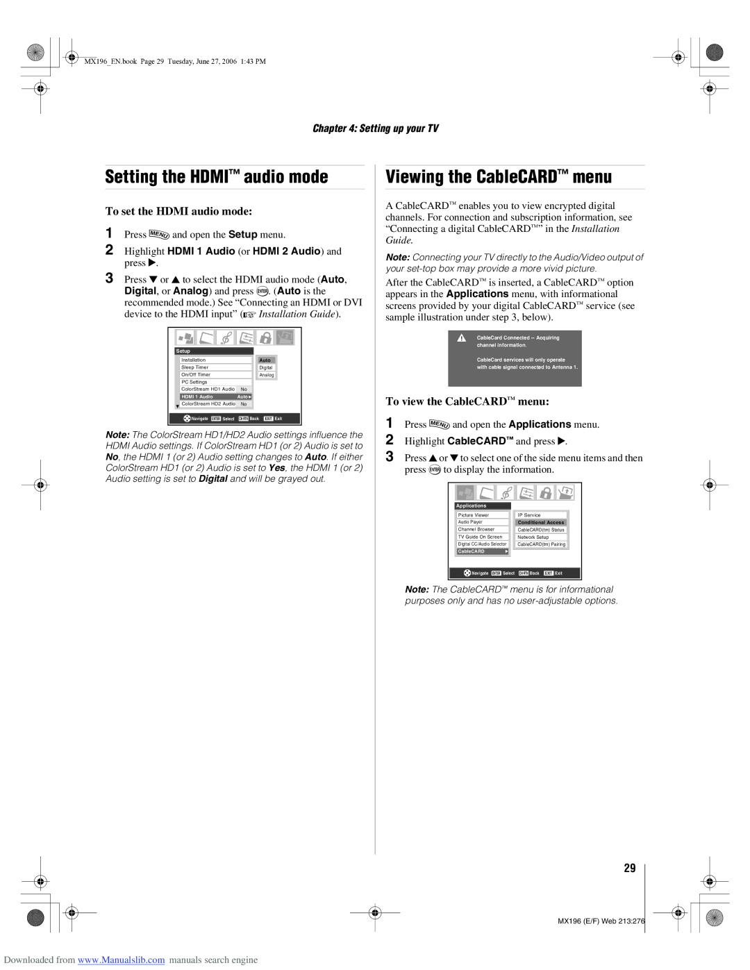 Toshiba 72MX196 manual Setting the Hdmi audio mode, Viewing the CableCARD menu, To set the Hdmi audio mode 