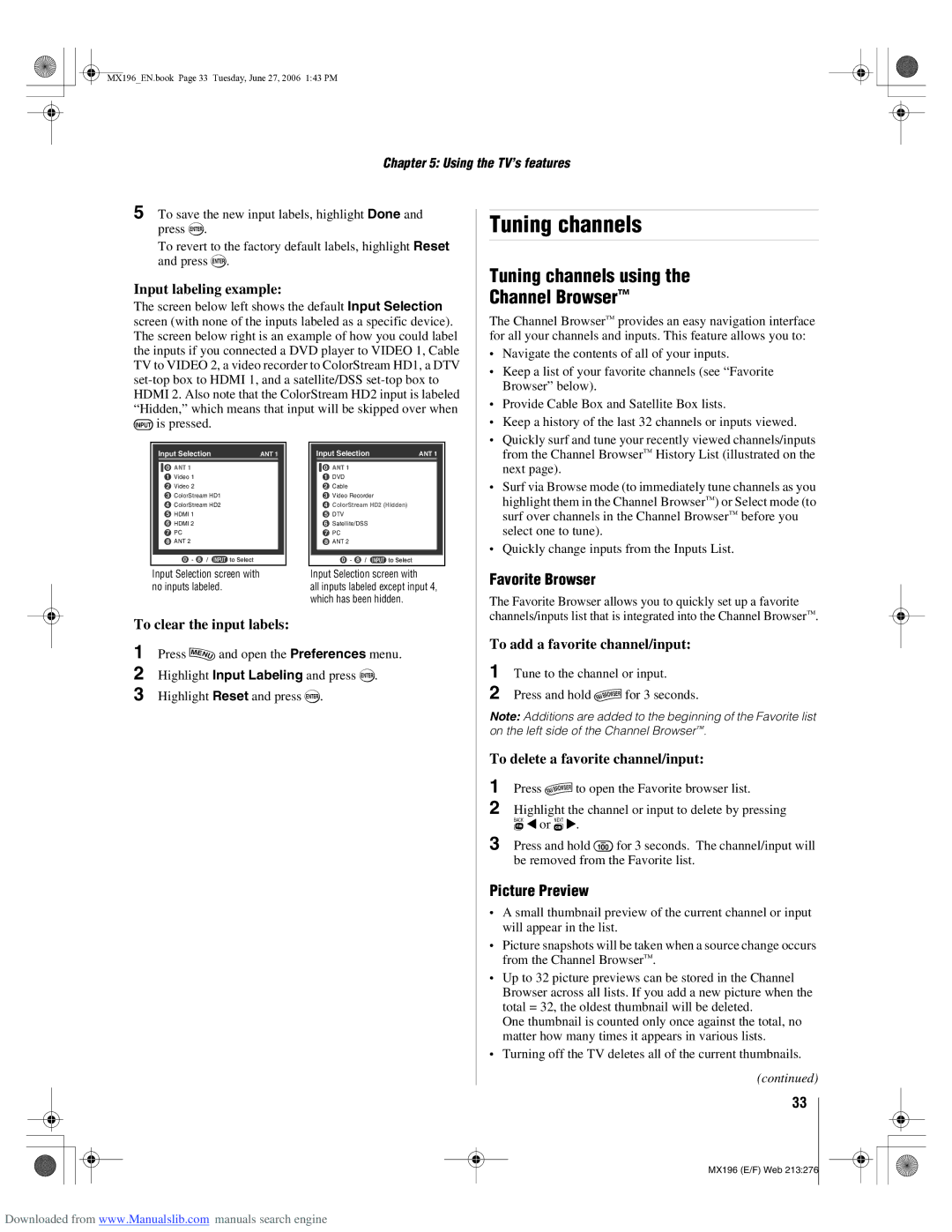 Toshiba 72MX196 manual Tuning channels using Channel Browser, Favorite Browser, Picture Preview 