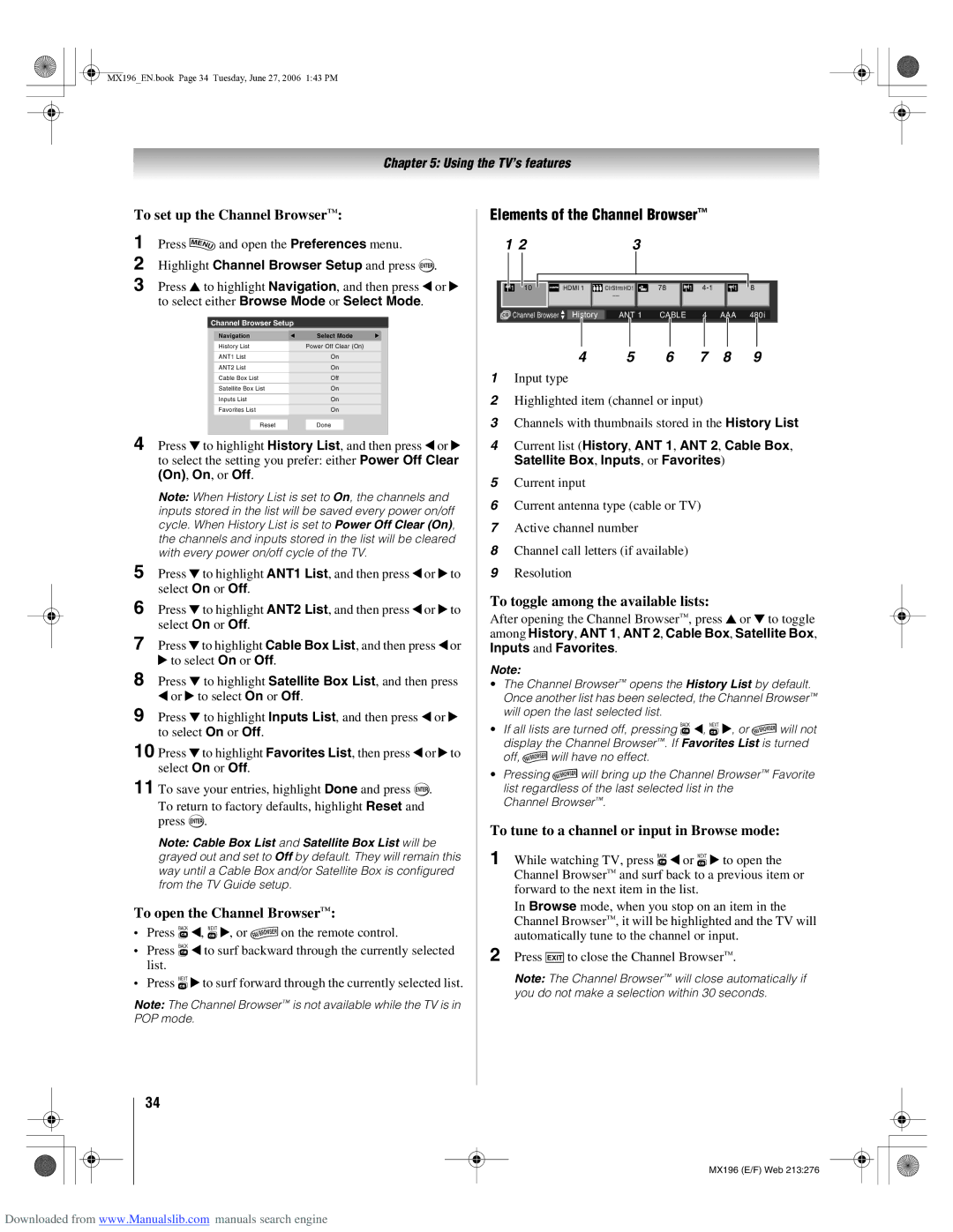 Toshiba 72MX196 manual Elements of the Channel Browser, To set up the Channel Browser, To open the Channel Browser 