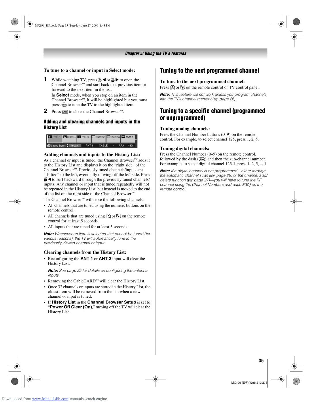 Toshiba 72MX196 manual Tuning to the next programmed channel, Tuning to a specific channel programmed or unprogrammed 