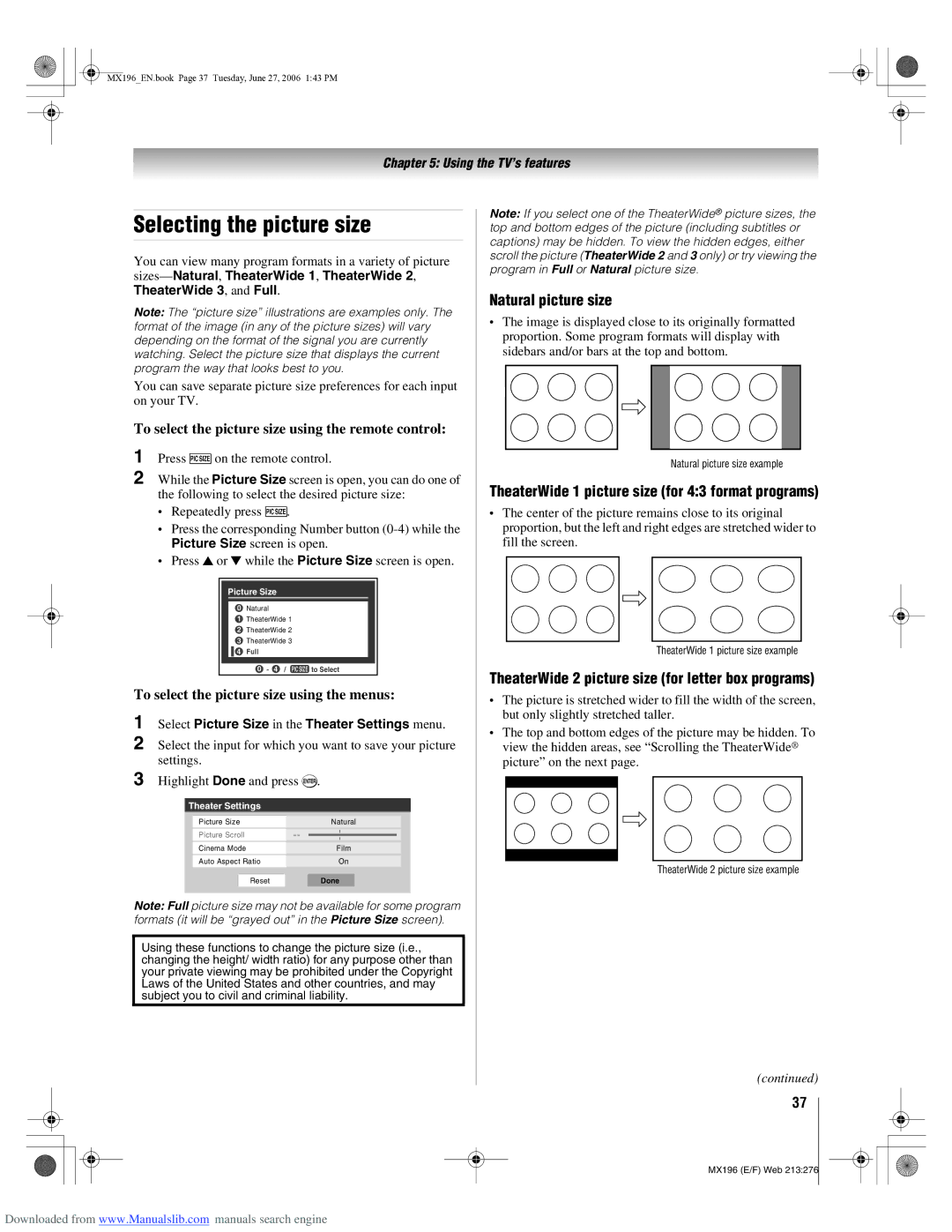 Toshiba 72MX196 manual Selecting the picture size, Natural picture size, TheaterWide 1 picture size for 43 format programs 