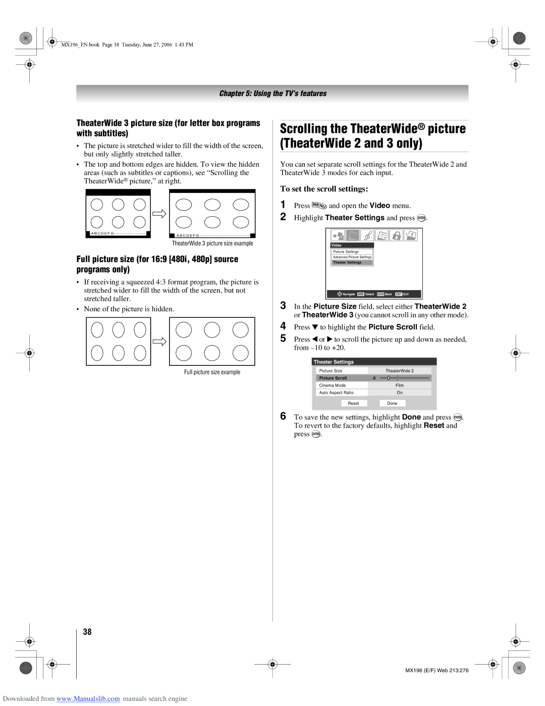 Toshiba 72MX196 Full picture size for 169 480i, 480p source programs only, To set the scroll settings, Theater Settings 