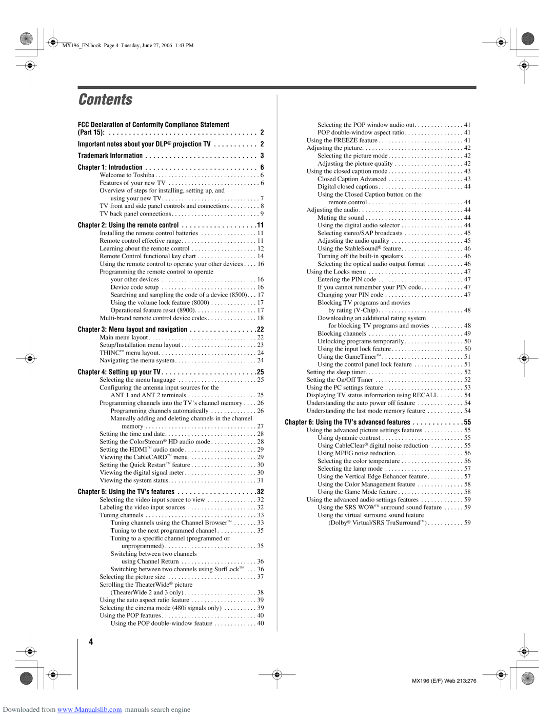 Toshiba 72MX196 manual Contents 