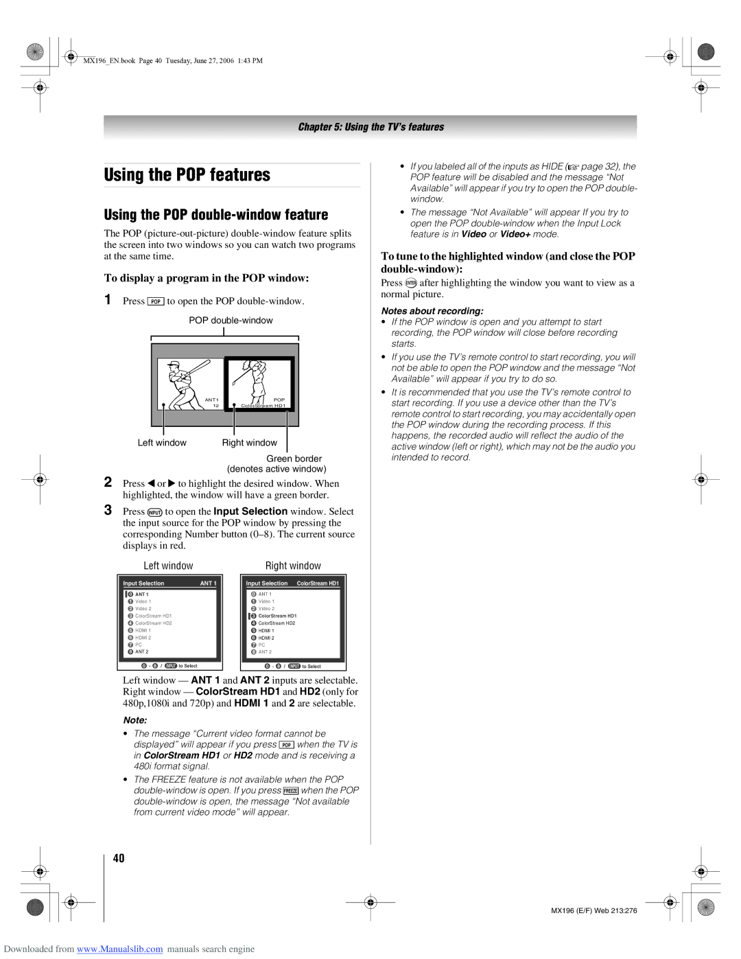 Toshiba 72MX196 manual Using the POP features, Using the POP double-window feature, To display a program in the POP window 