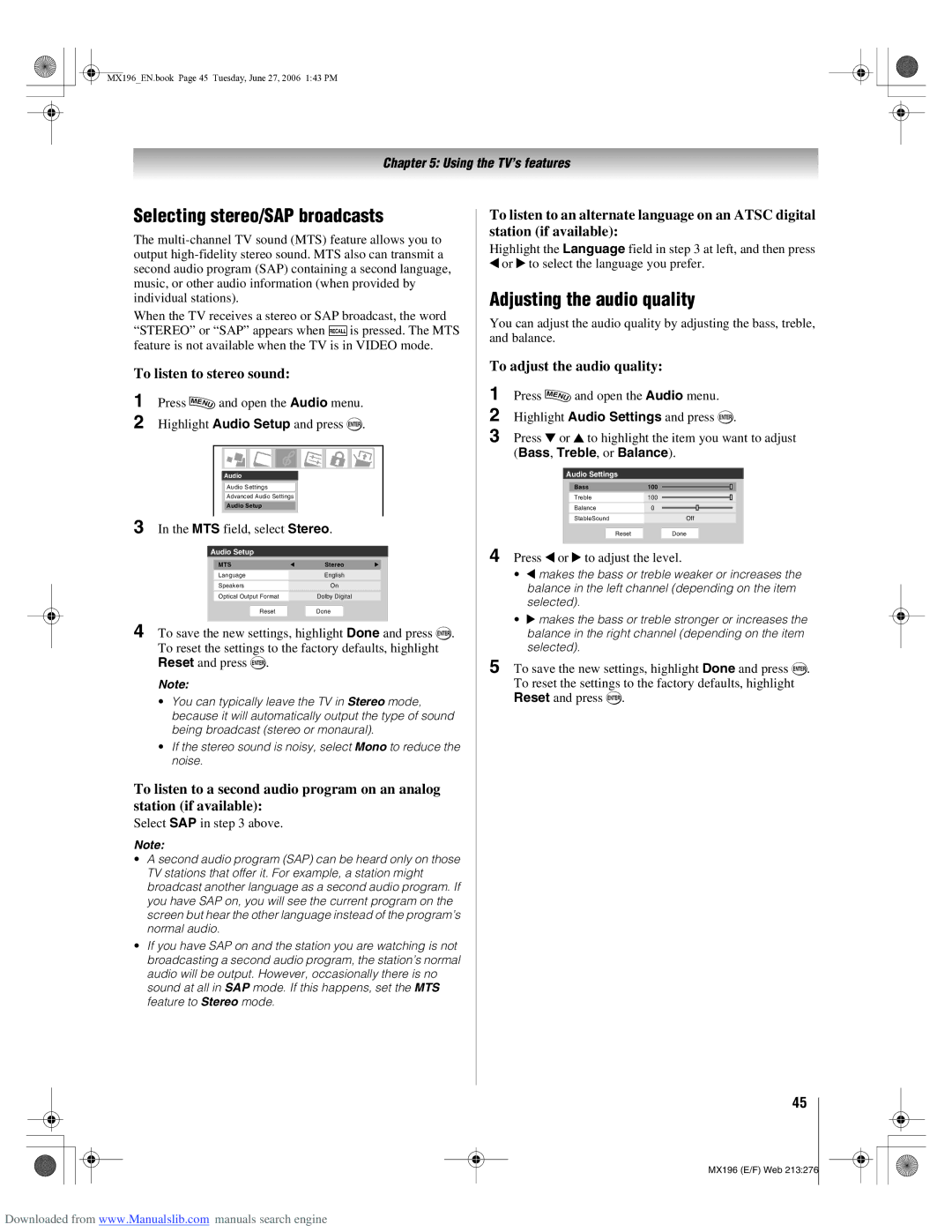 Toshiba 72MX196 manual Selecting stereo/SAP broadcasts, Adjusting the audio quality, To listen to stereo sound 