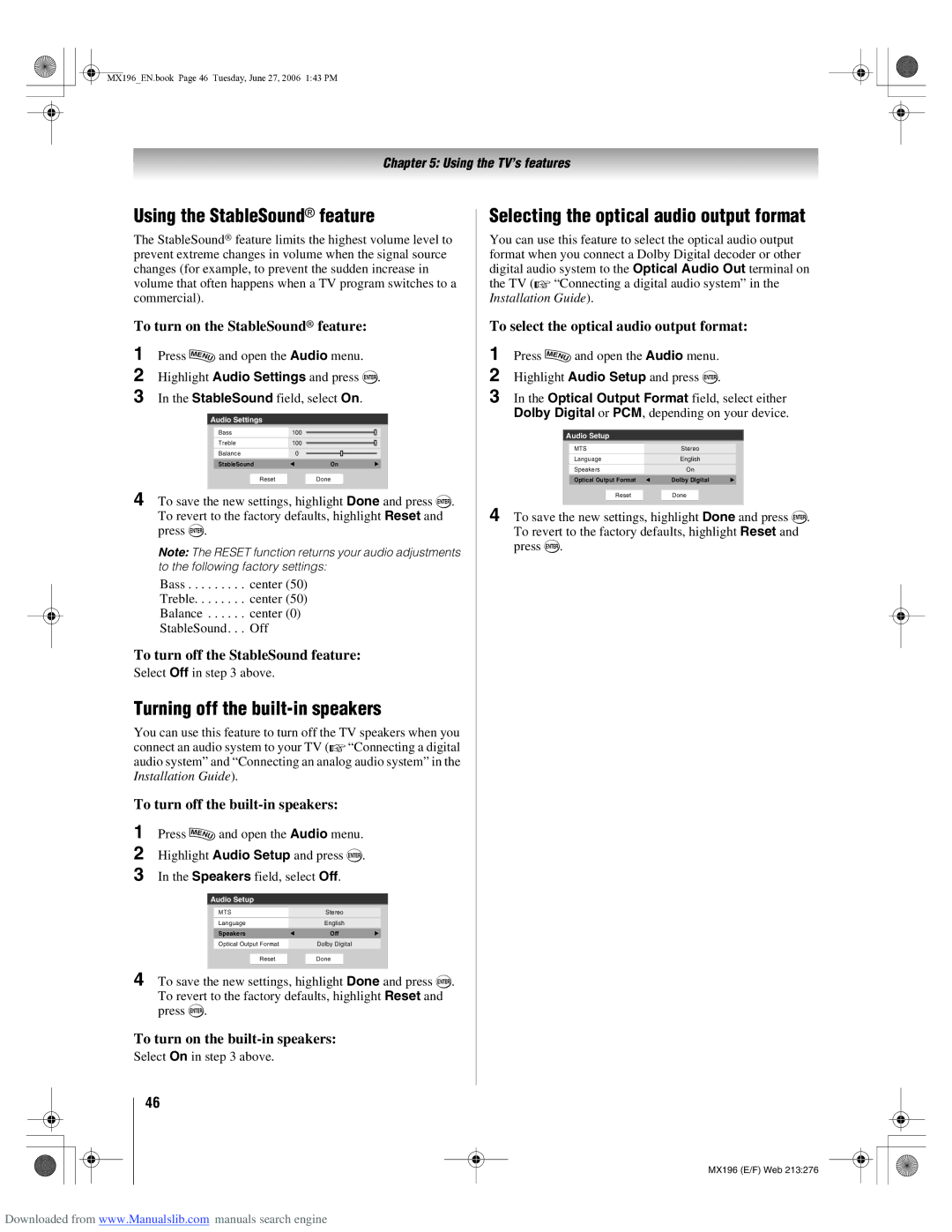 Toshiba 72MX196 manual Using the StableSound feature, Turning off the built-in speakers 